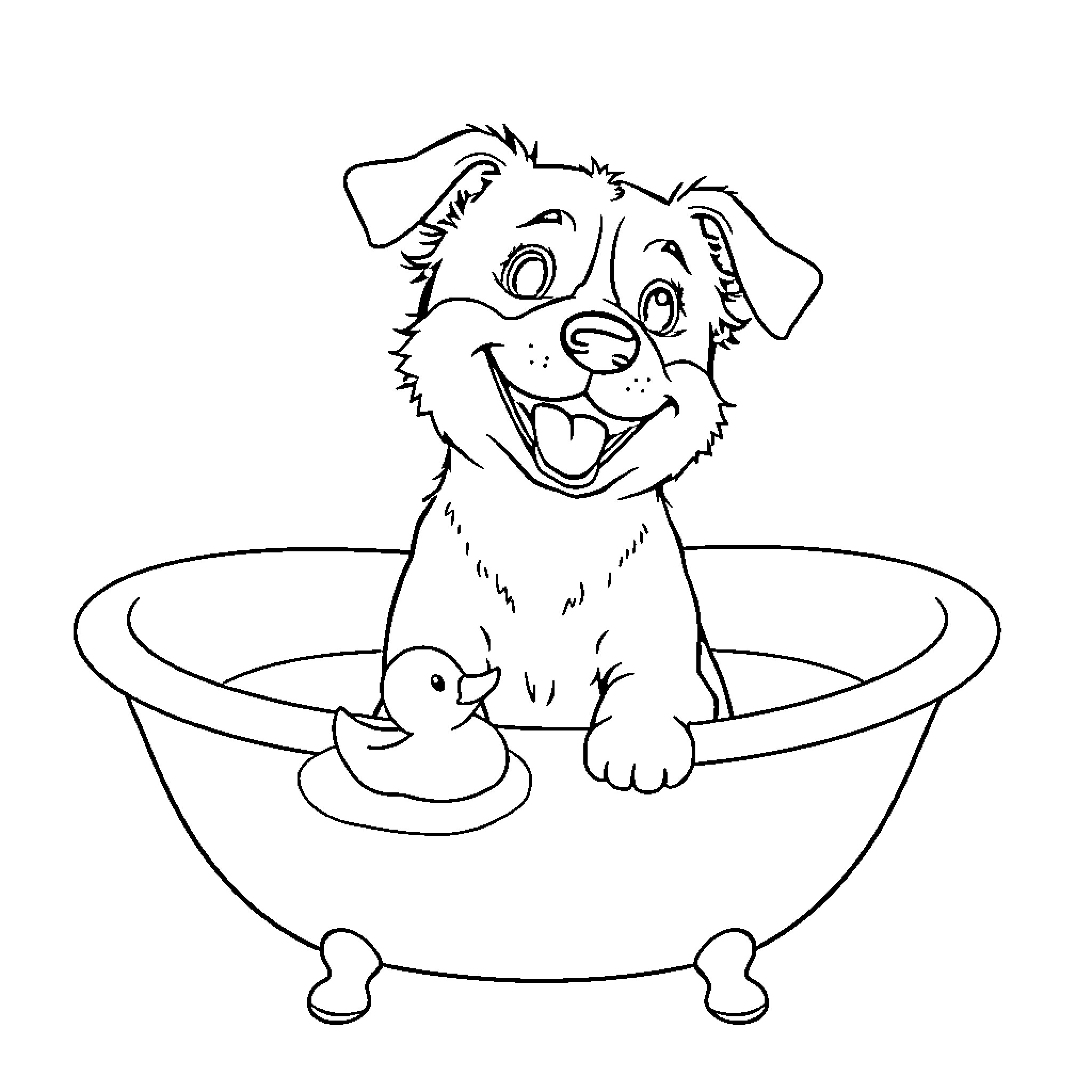 Dog taking a happy bath with rubber duck Coloring Page (free black-and-white line drawing printable PDF for all, from beginners to advanced learners, including children, teens, adults, and seniors)