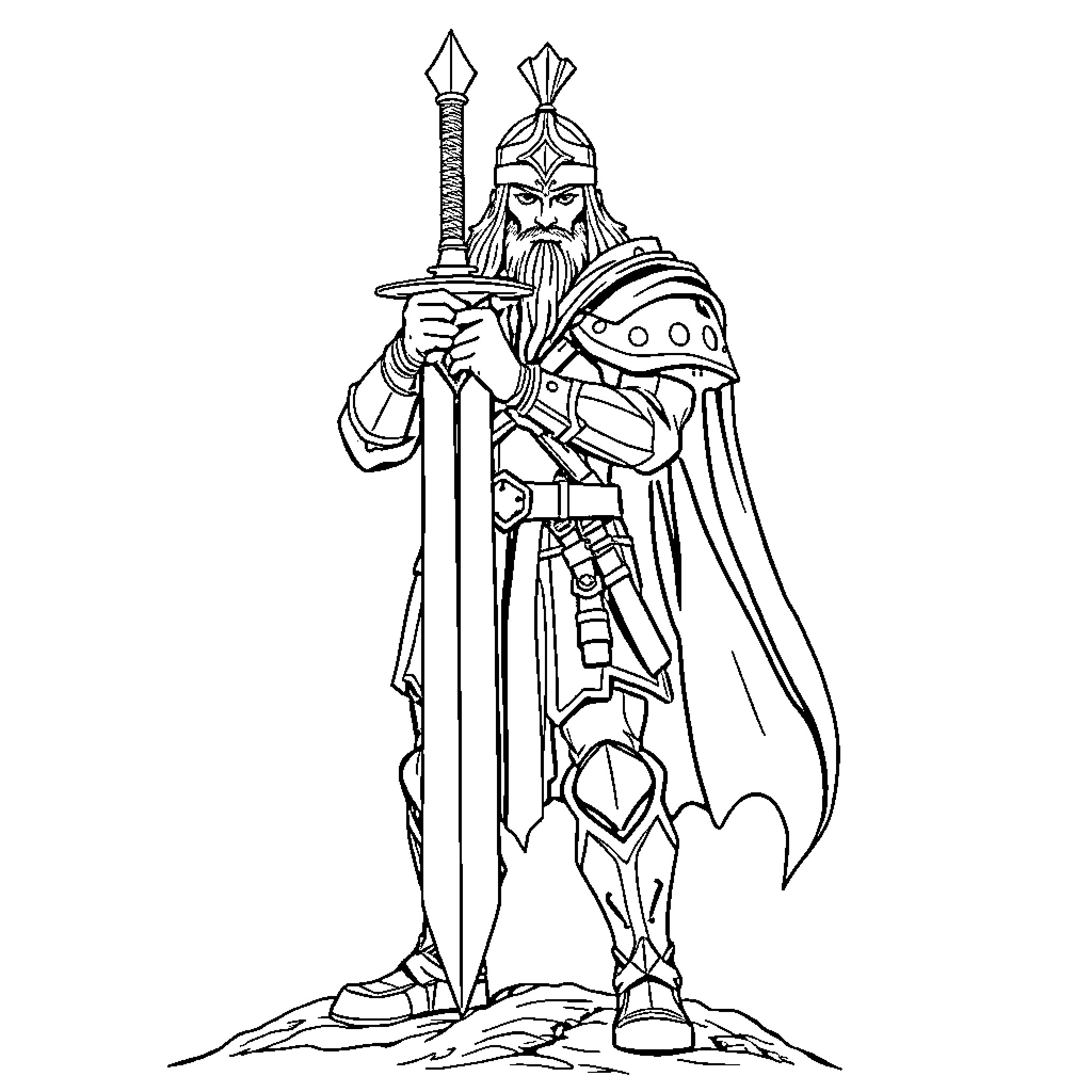 Warrior standing with a sword and shield Coloring Page (free black-and-white line drawing printable PDF for all, from beginners to advanced learners, including children, teens, adults, and seniors)