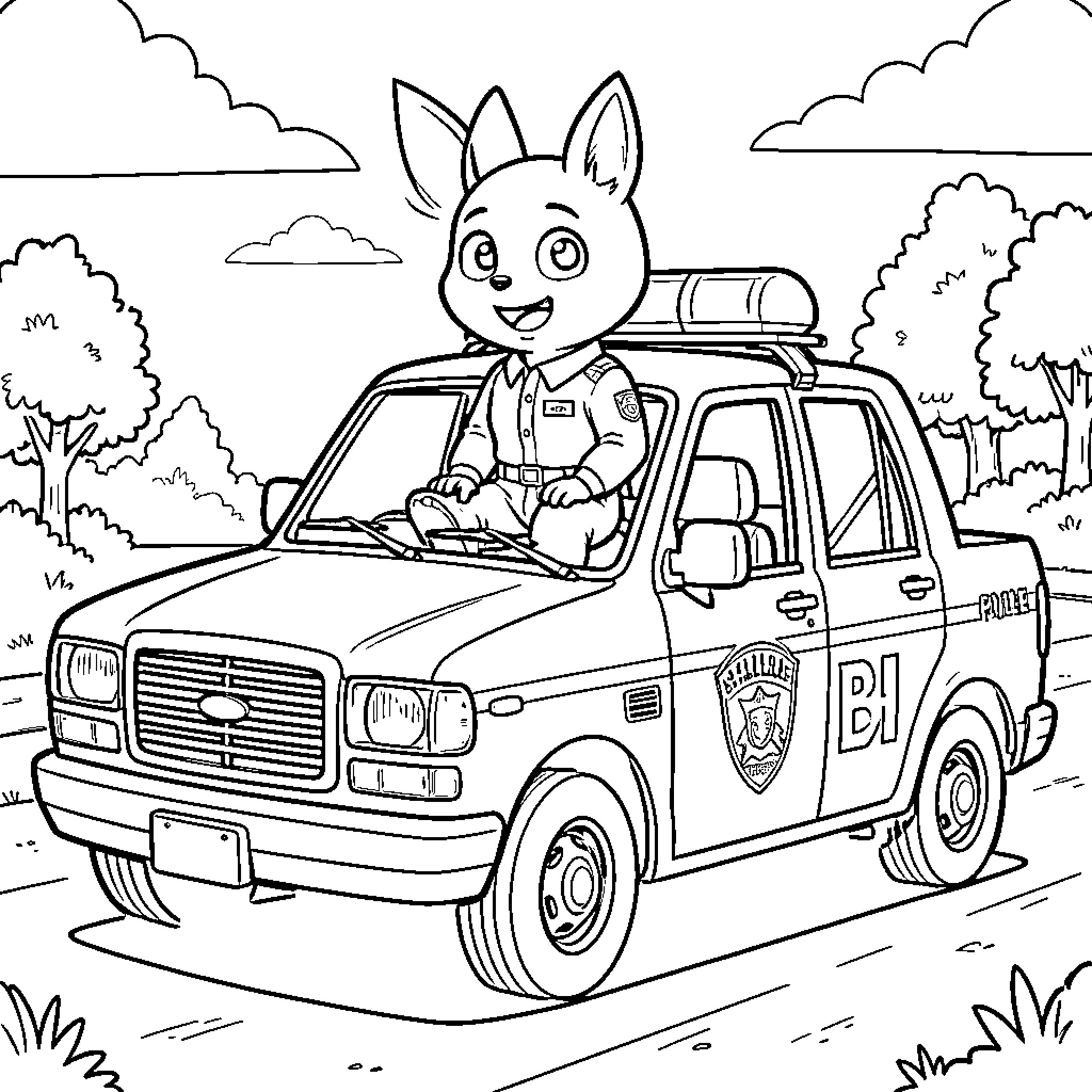 Spiderman themed cartoon character driving a police vehicle Coloring Page (free black-and-white line drawing printable PDF for all, from beginners to advanced learners, including children, teens, adults, and seniors)