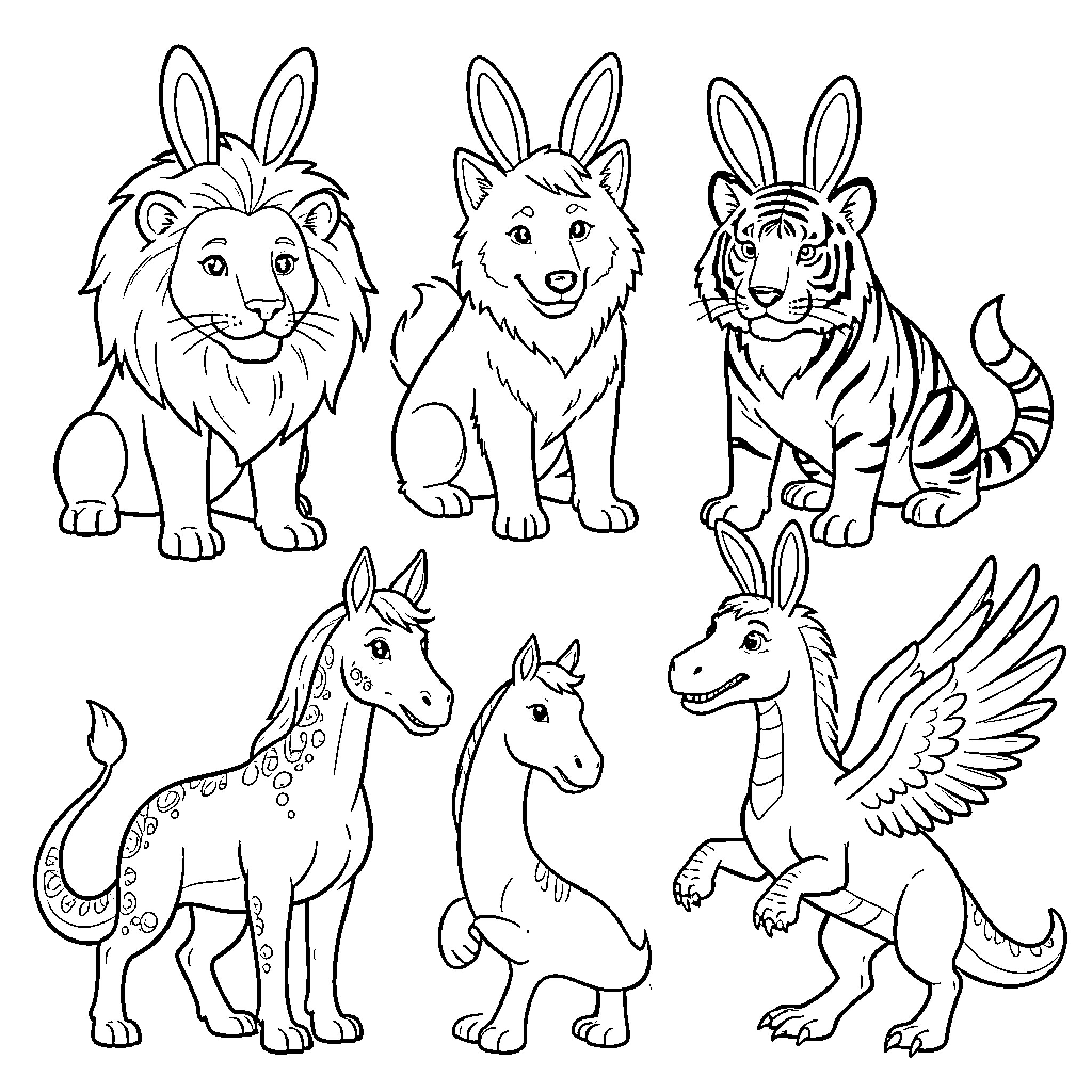 Animal Characters in Diverse Outfits and Expressions Coloring Page (free black-and-white line drawing printable PDF for all, from beginners to advanced learners, including children, teens, adults, and seniors)