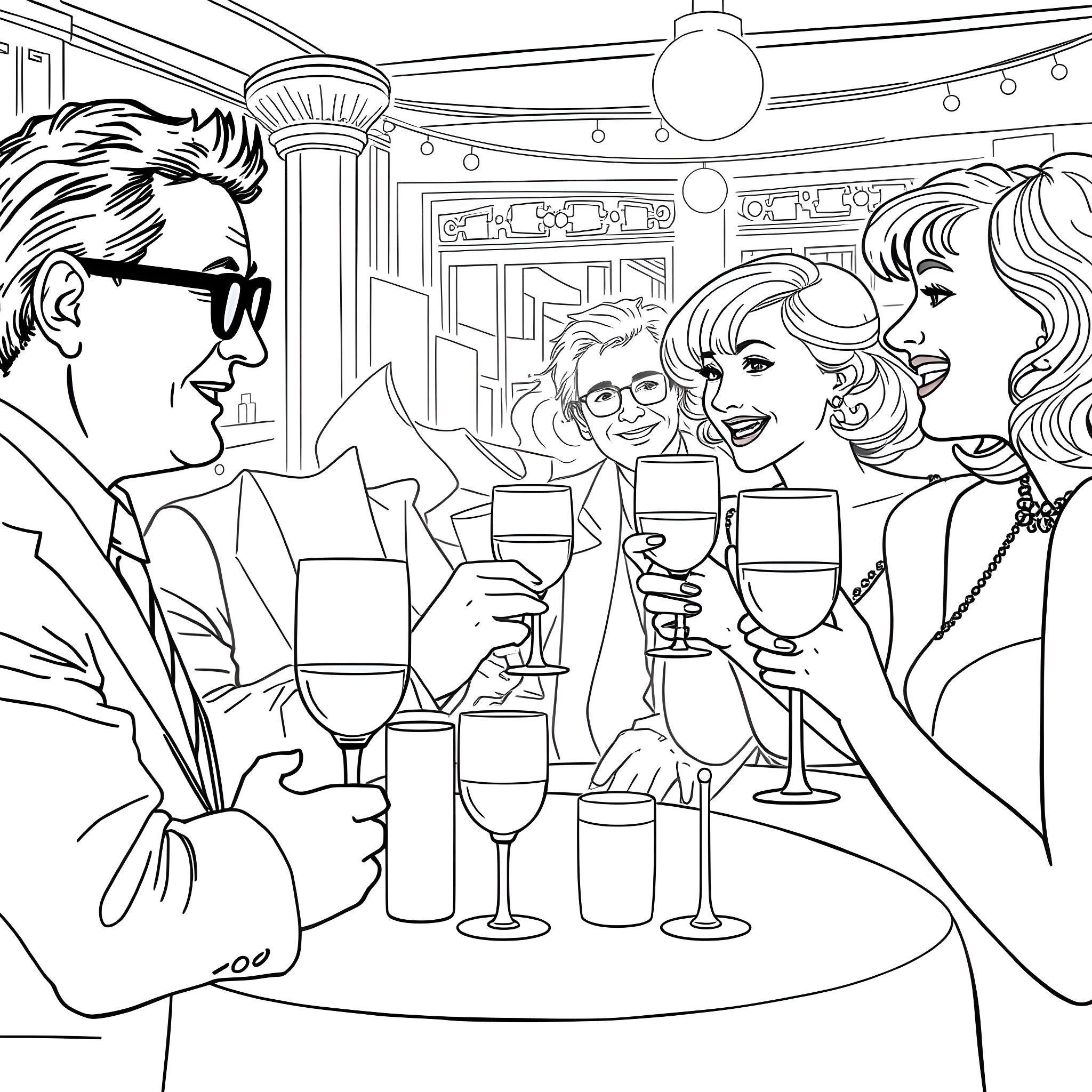 Celebrity friends enjoying drinks at a fancy party Coloring Page (free black-and-white line drawing printable PDF for all, from beginners to advanced learners, including children, teens, adults, and seniors)