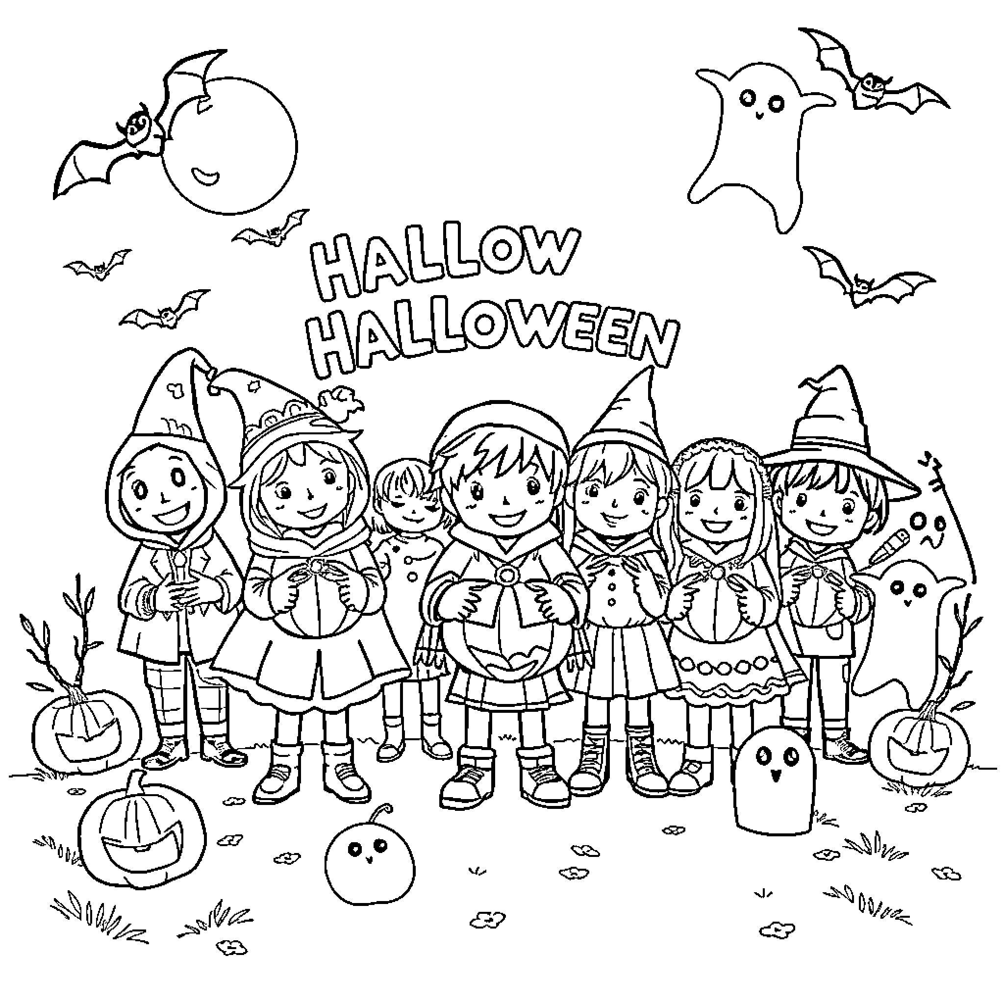 Halloween costumes and decorations in the park Coloring Page (free black-and-white line drawing printable PDF for all, from beginners to advanced learners, including children, teens, adults, and seniors)