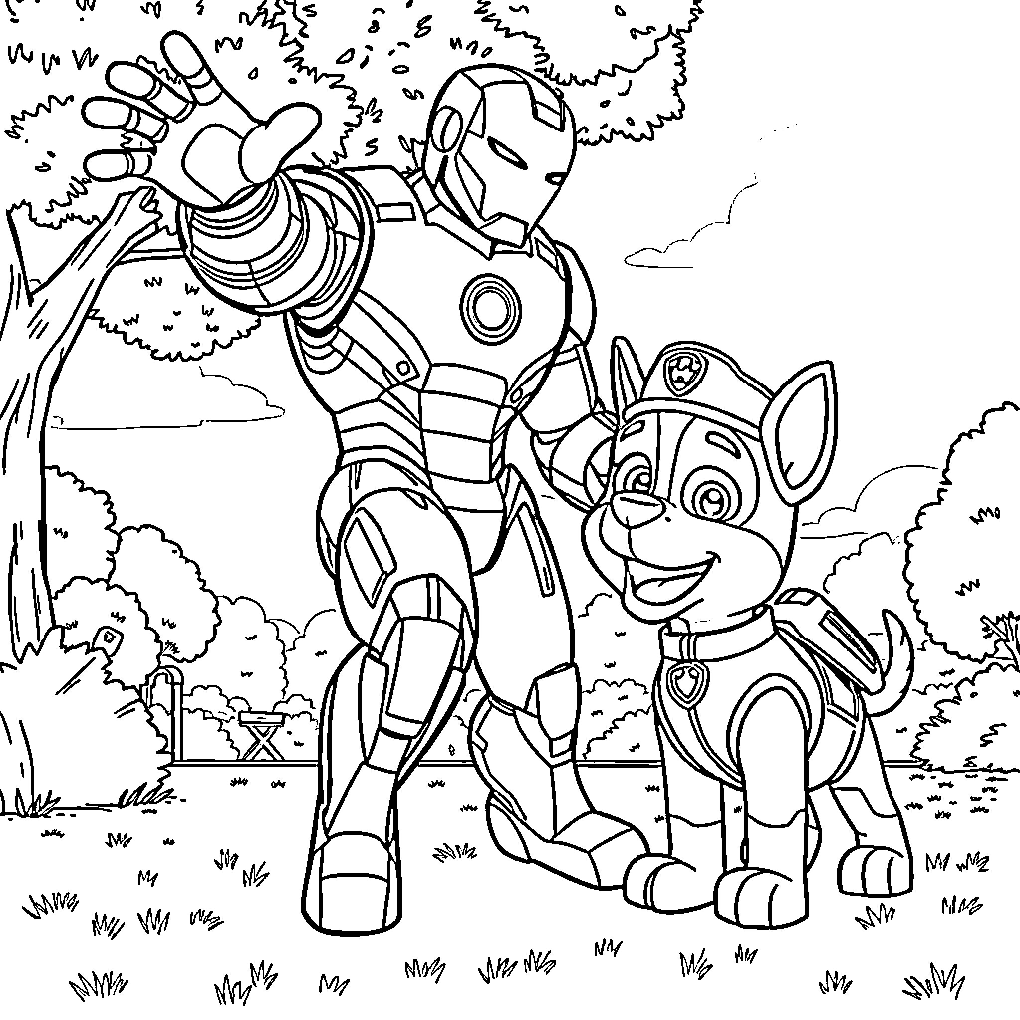 Ironman and Paw Patrol Puppy Explore the Outdoors Coloring Page (free black-and-white line drawing printable PDF for all, from beginners to advanced learners, including children, teens, adults, and seniors)
