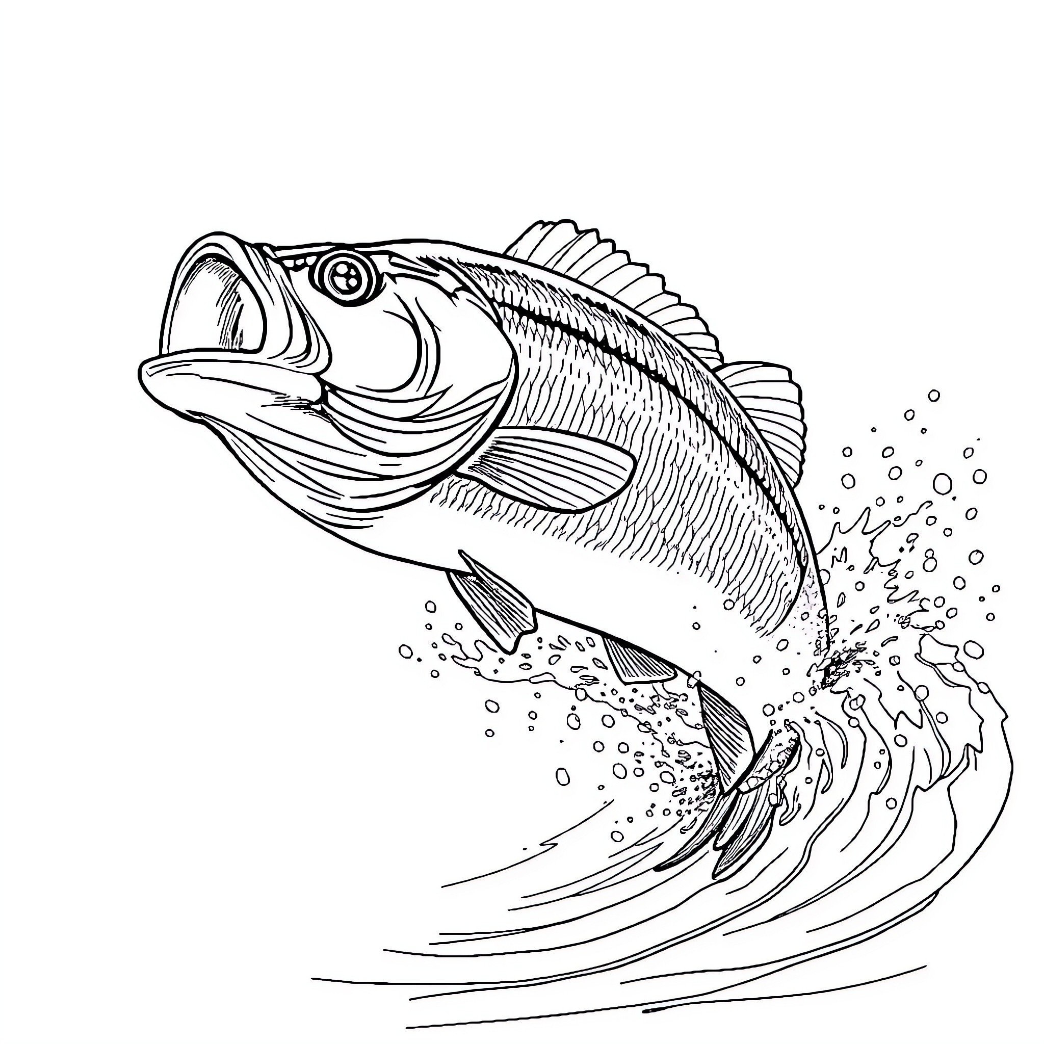 Bass diving into ocean with splashing water Coloring Page (free black-and-white line drawing printable PDF for all, from beginners to advanced learners, including children, teens, adults, and seniors)