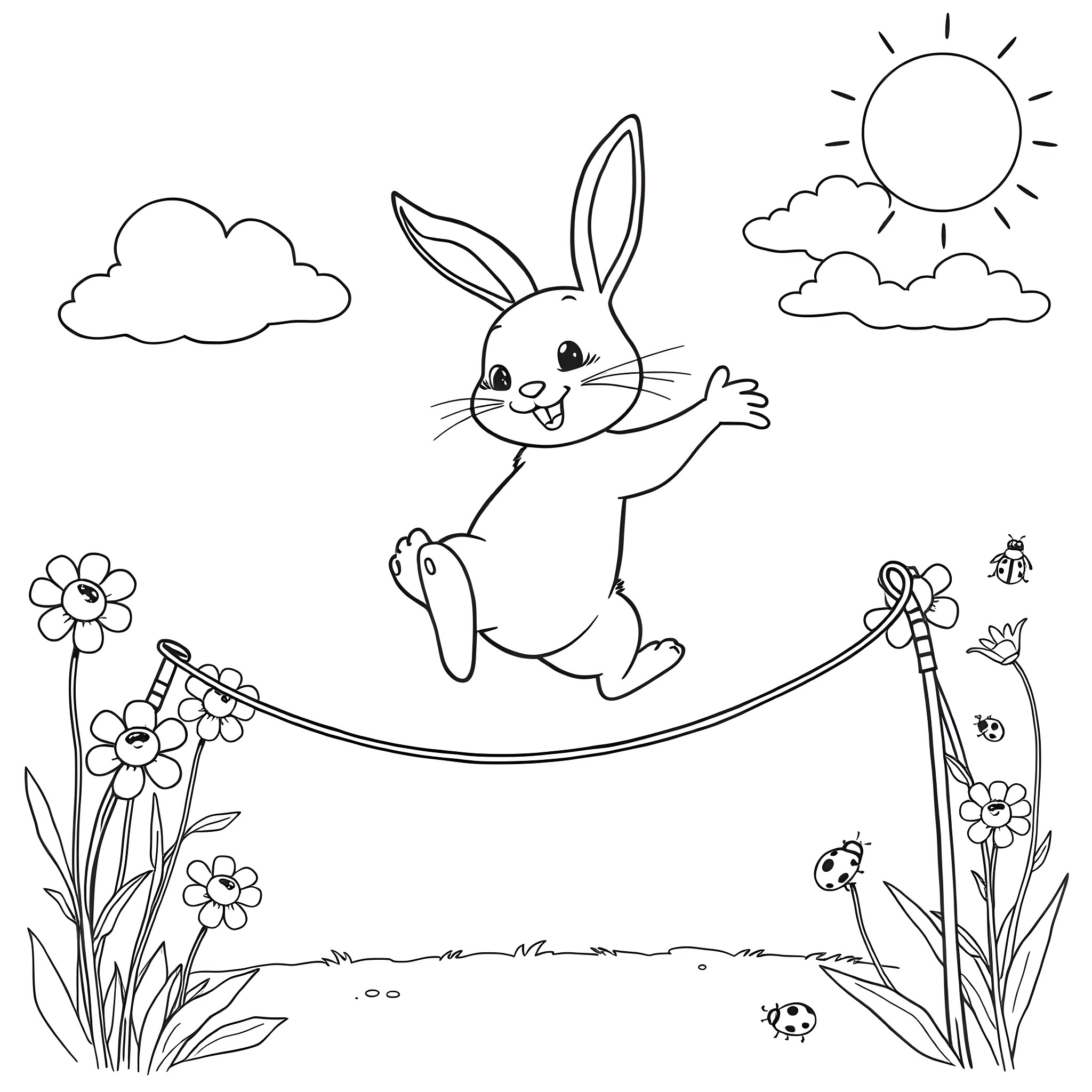 Bunny hopping happily through the meadow Coloring Page (free black-and-white line drawing printable PDF for all, from beginners to advanced learners, including children, teens, adults, and seniors)