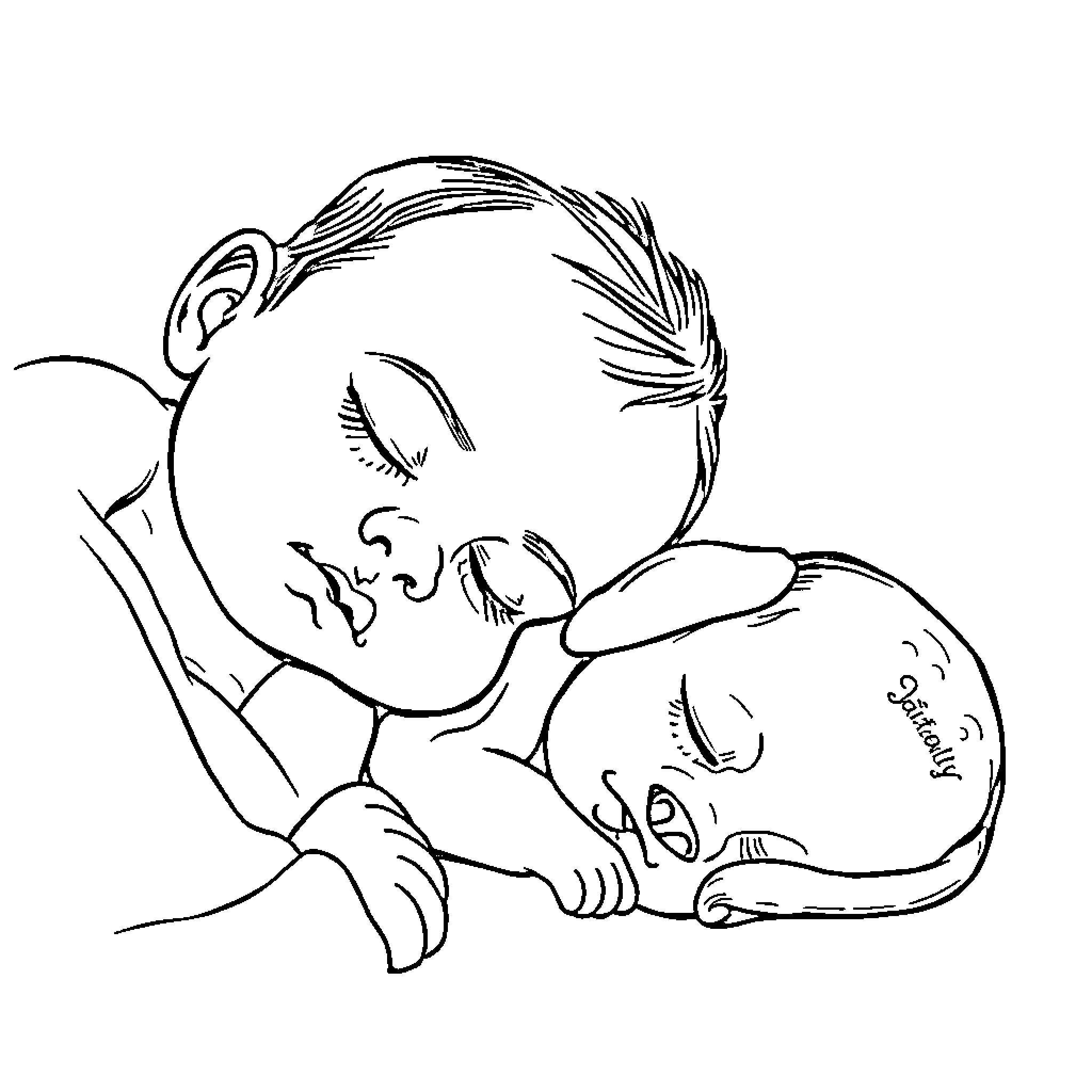 Baby sleeping peacefully with newborn Coloring Page (free black-and-white line drawing printable PDF for all, from beginners to advanced learners, including children, teens, adults, and seniors)