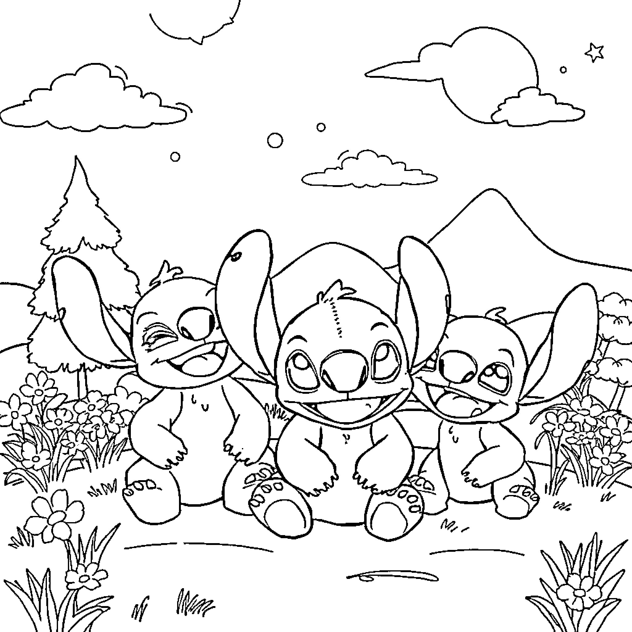Smurfs playing in a serene natural setting Coloring Page (free black-and-white line drawing printable PDF for all, from beginners to advanced learners, including children, teens, adults, and seniors)