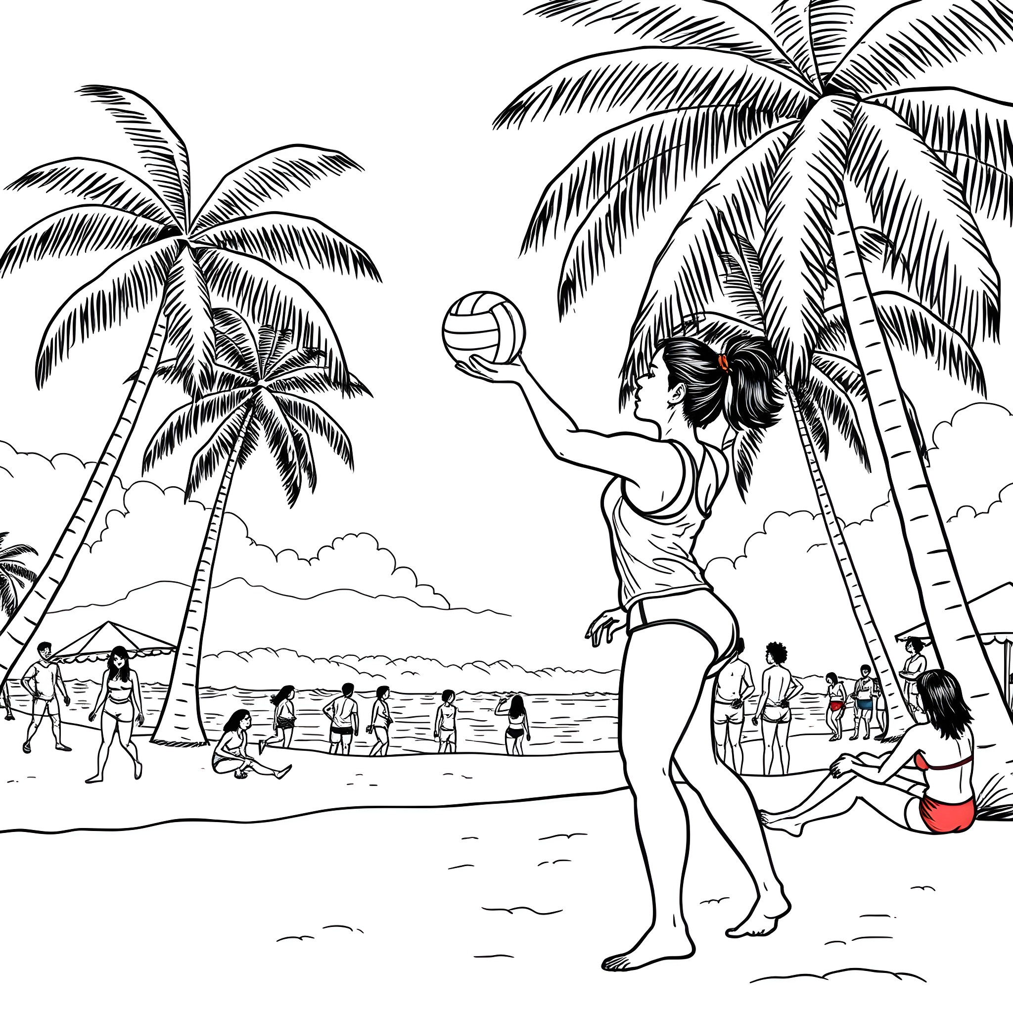 Chun Li playing volleyball on a tropical beach Coloring Page (free black-and-white line drawing printable PDF for all, from beginners to advanced learners, including children, teens, adults, and seniors)