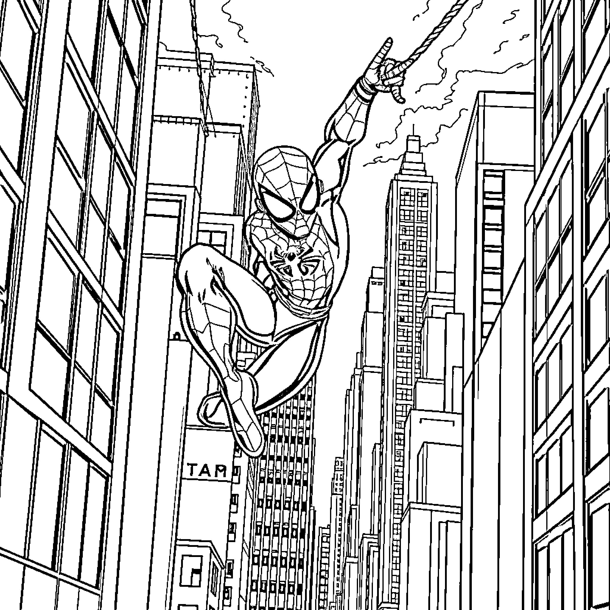 Spiderman swinging through the city skyscrapers Coloring Page (free black-and-white line drawing printable PDF for all, from beginners to advanced learners, including children, teens, adults, and seniors)