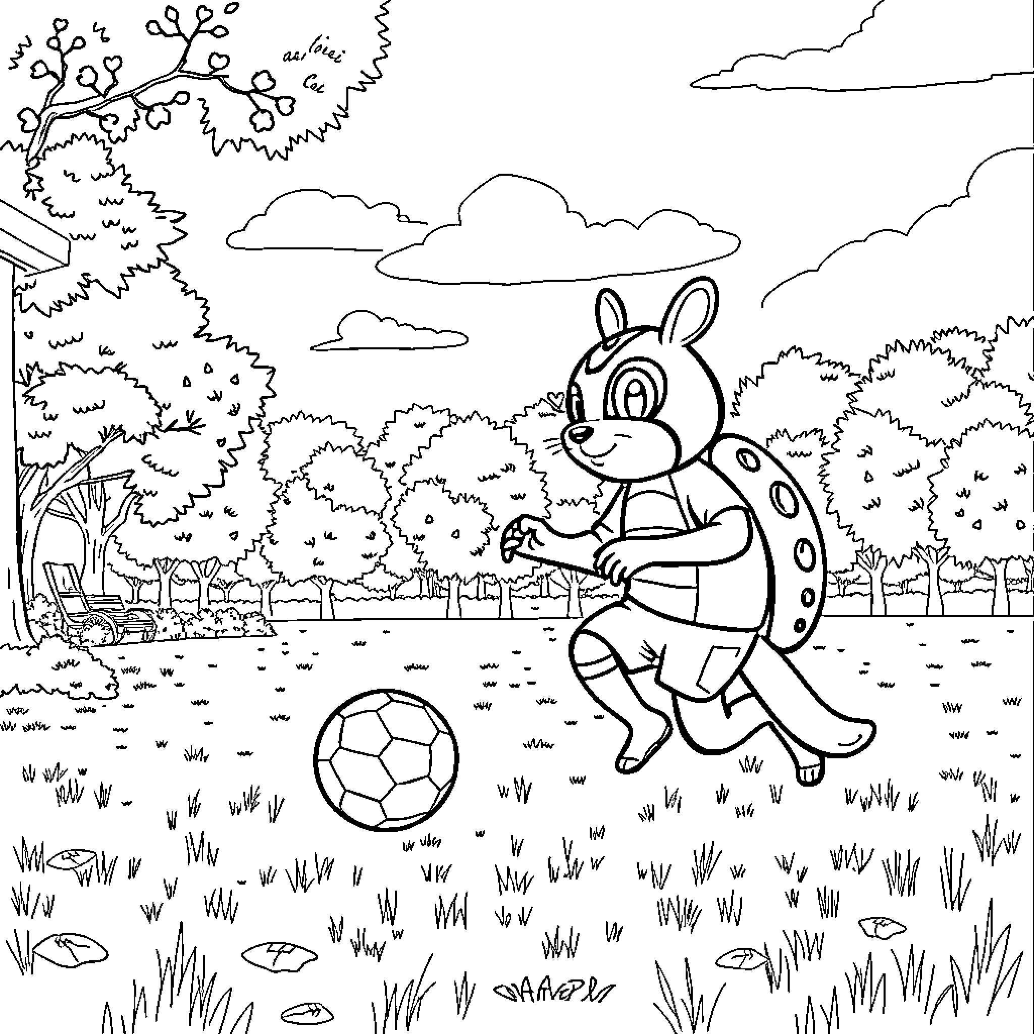 Paw Patrol character playing with soccer ball in nature Coloring Page (free black-and-white line drawing printable PDF for all, from beginners to advanced learners, including children, teens, adults, and seniors)