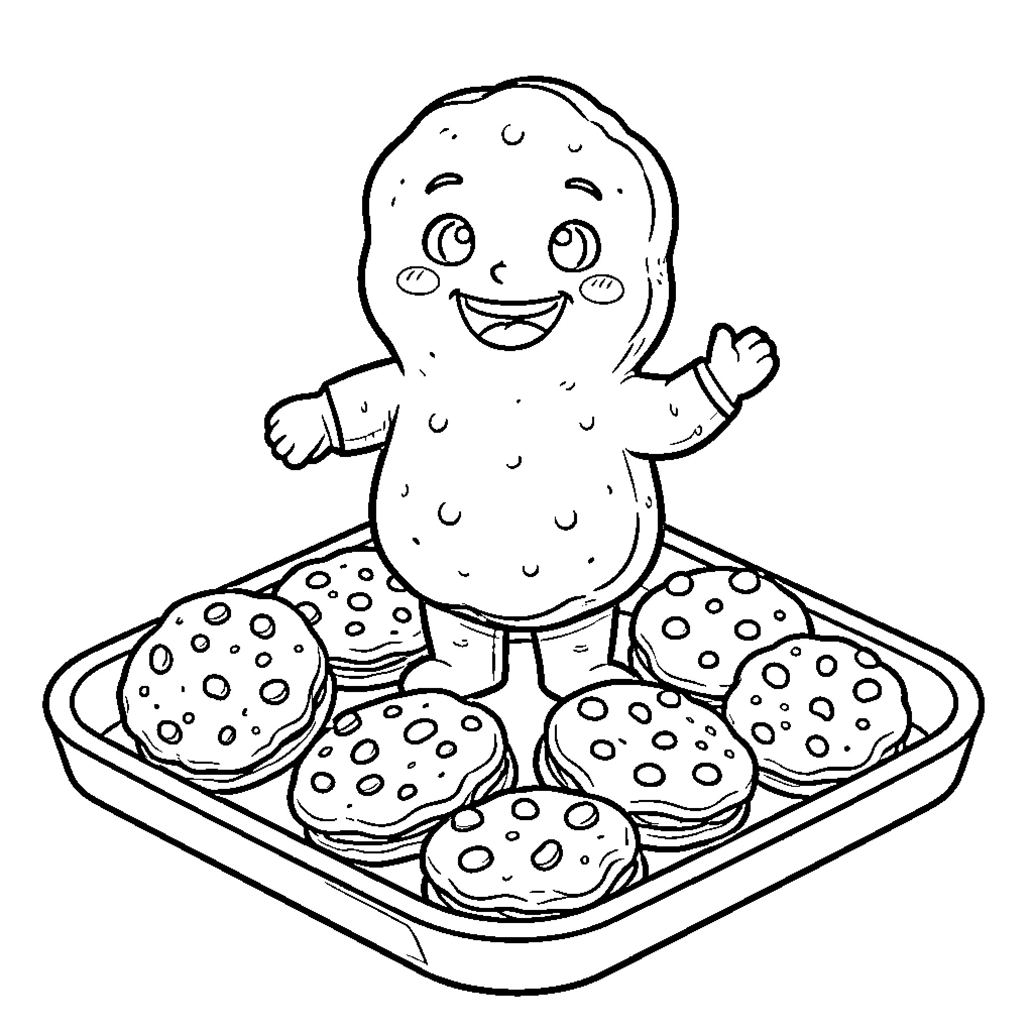 Biscuit Man happily surrounded by baked goods Coloring Page (free black-and-white line drawing printable PDF for all, from beginners to advanced learners, including children, teens, adults, and seniors)