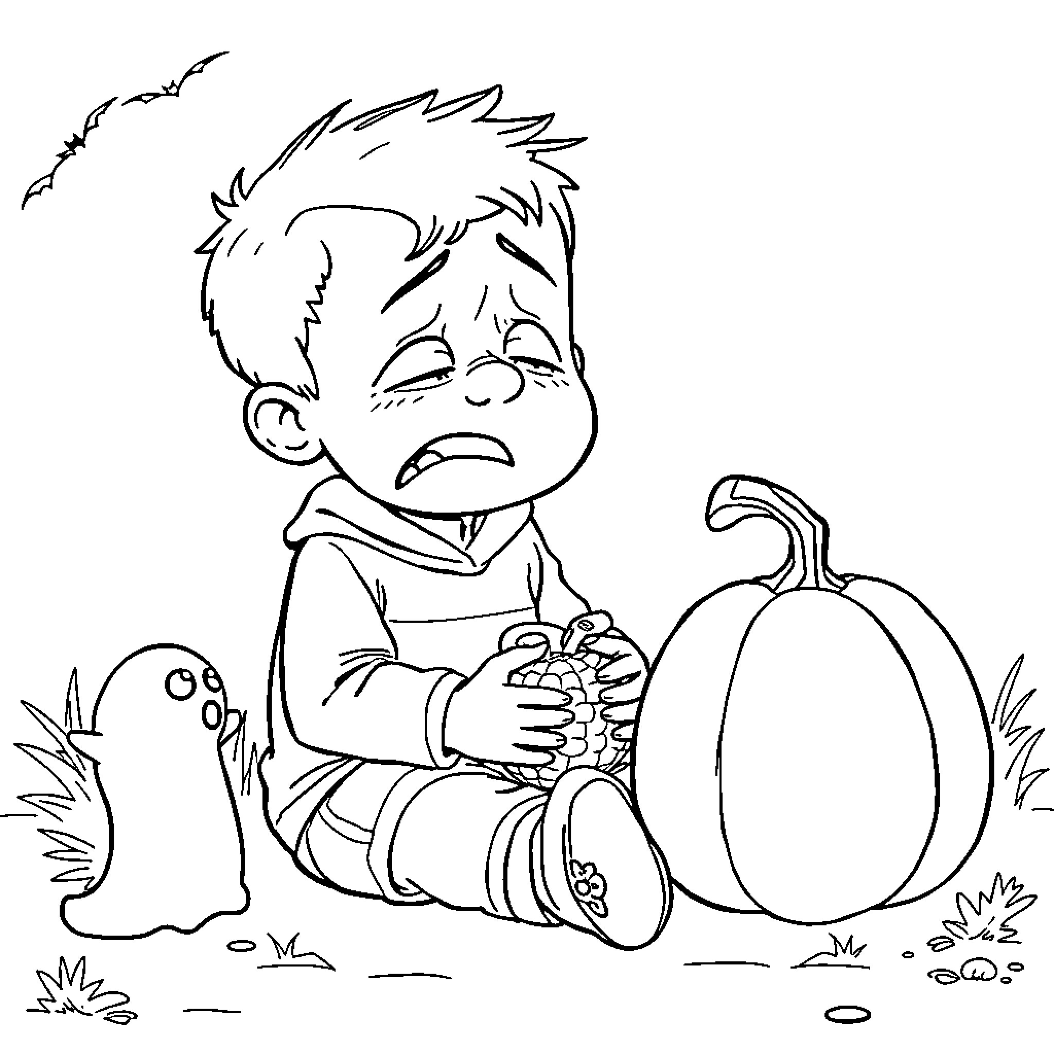 Kid playing with a pumpkin and ghost Coloring Page (free black-and-white line drawing printable PDF for all, from beginners to advanced learners, including children, teens, adults, and seniors)