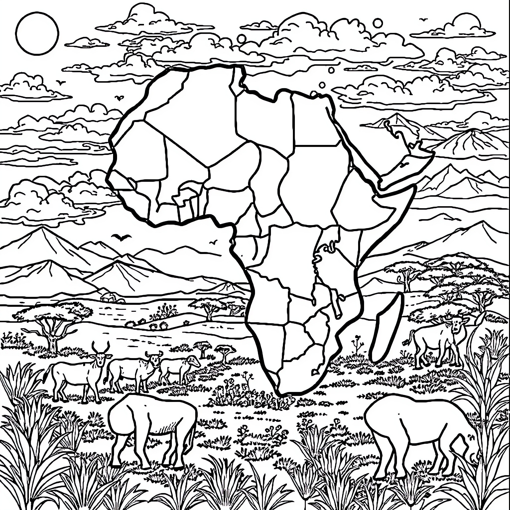 Africa's Diverse Landscapes and Wildlife Coloring Page (free black-and-white line drawing printable PDF for all, from beginners to advanced learners, including children, teens, adults, and seniors)