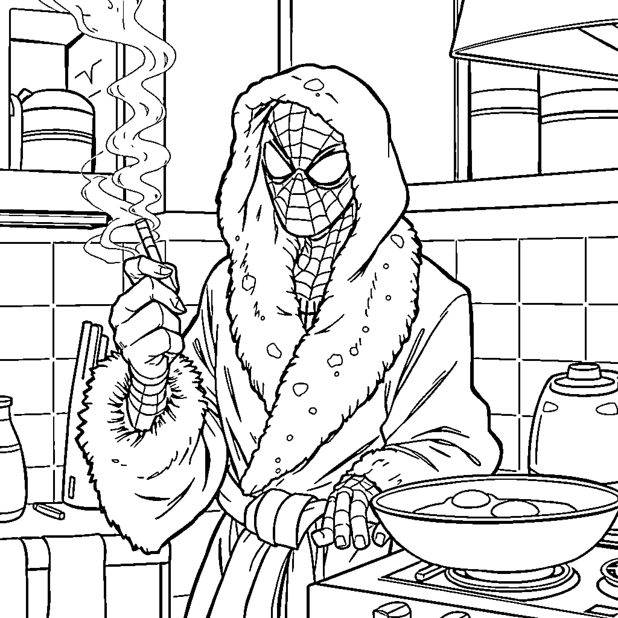 Spiderman enjoying a warm meal in a cozy setting Coloring Page (free black-and-white line drawing printable PDF for all, from beginners to advanced learners, including children, teens, adults, and seniors)