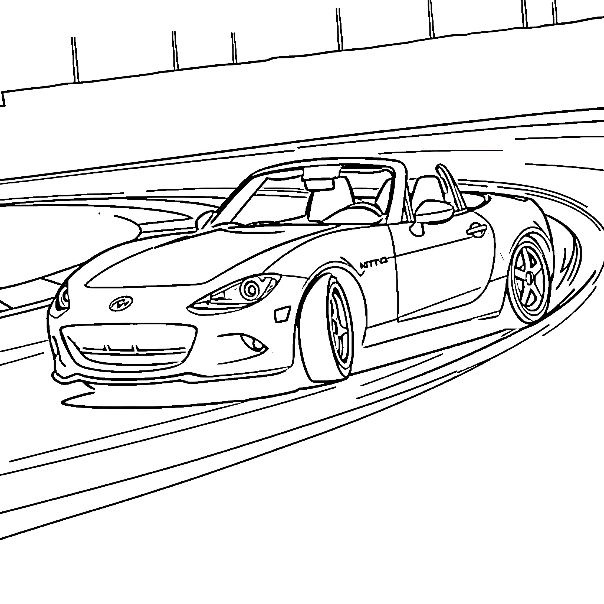 Miata speeding down the racetrack Coloring Page (free black-and-white line drawing printable PDF for all, from beginners to advanced learners, including children, teens, adults, and seniors)