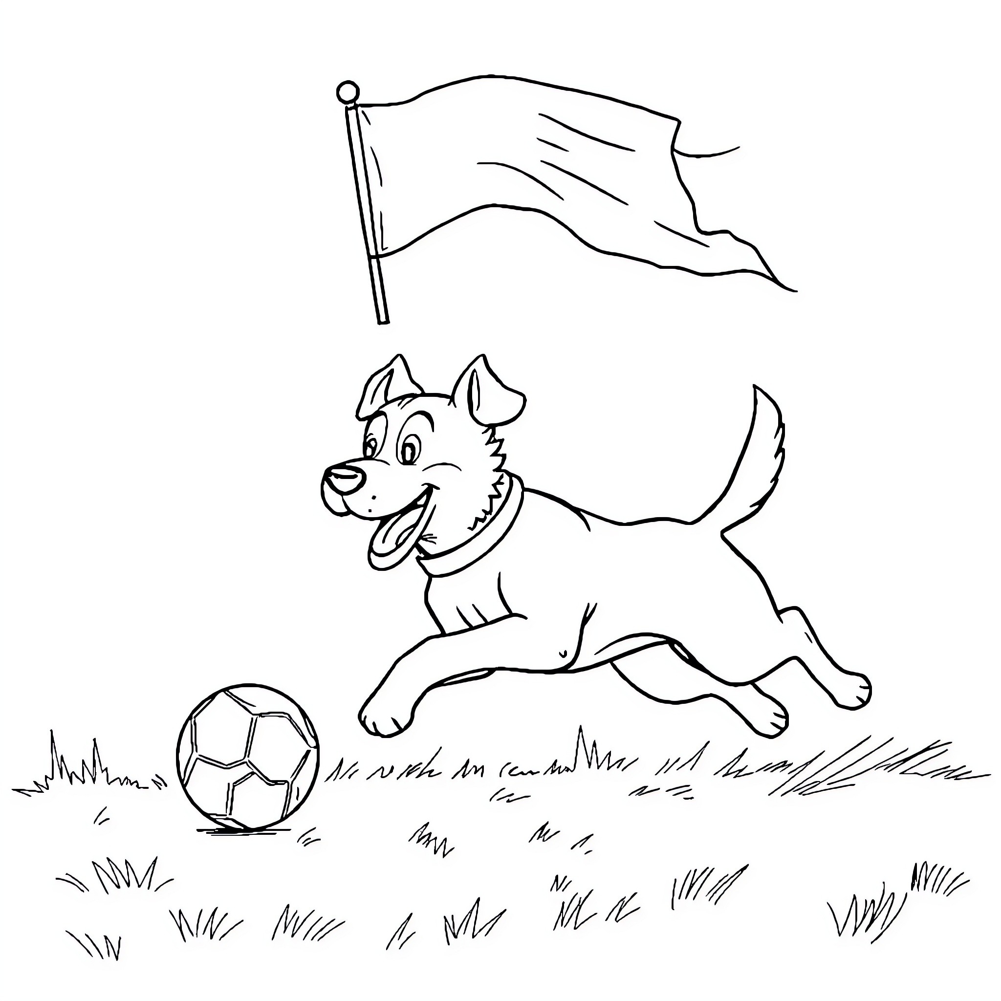 Dog chasing a soccer ball with a waving flag Coloring Page (free black-and-white line drawing printable PDF for all, from beginners to advanced learners, including children, teens, adults, and seniors)