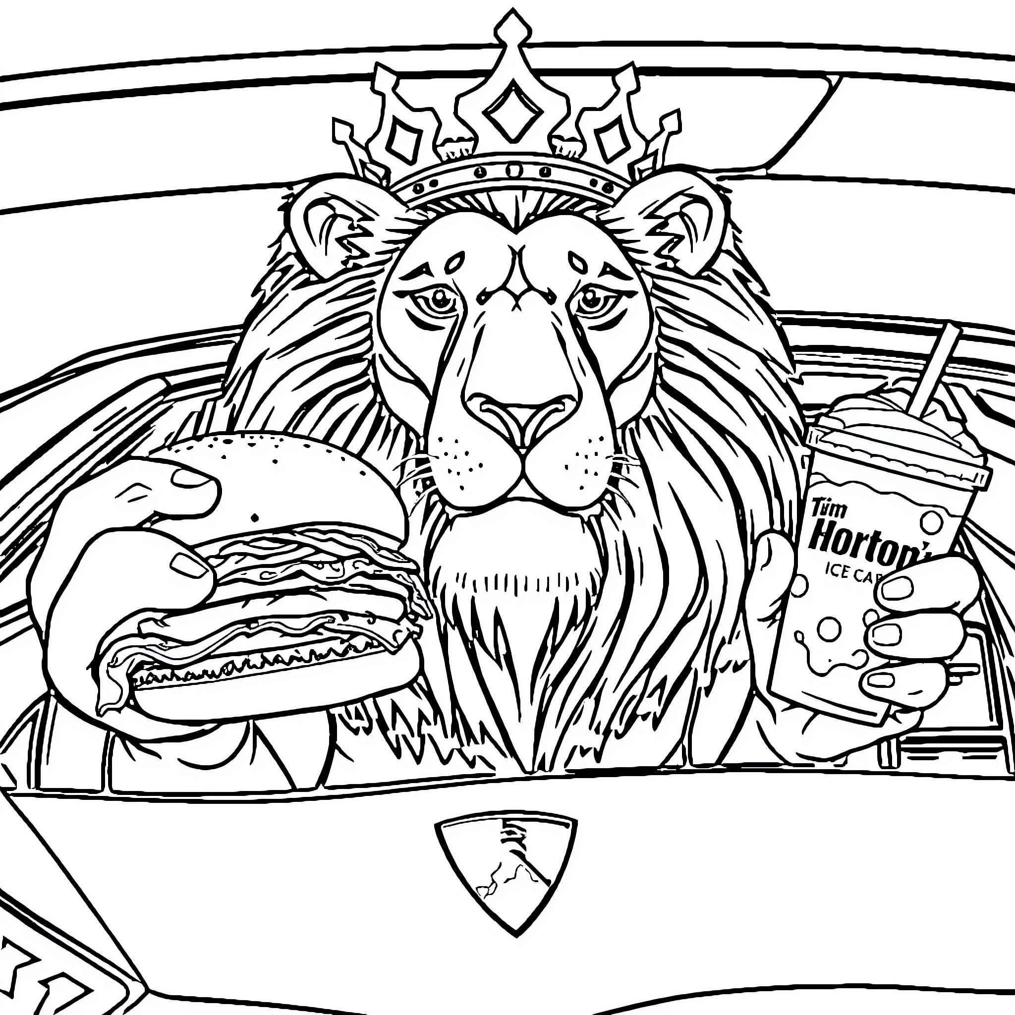 Lion king enjoying a fast-food meal Coloring Page (free black-and-white line drawing printable PDF for all, from beginners to advanced learners, including children, teens, adults, and seniors)