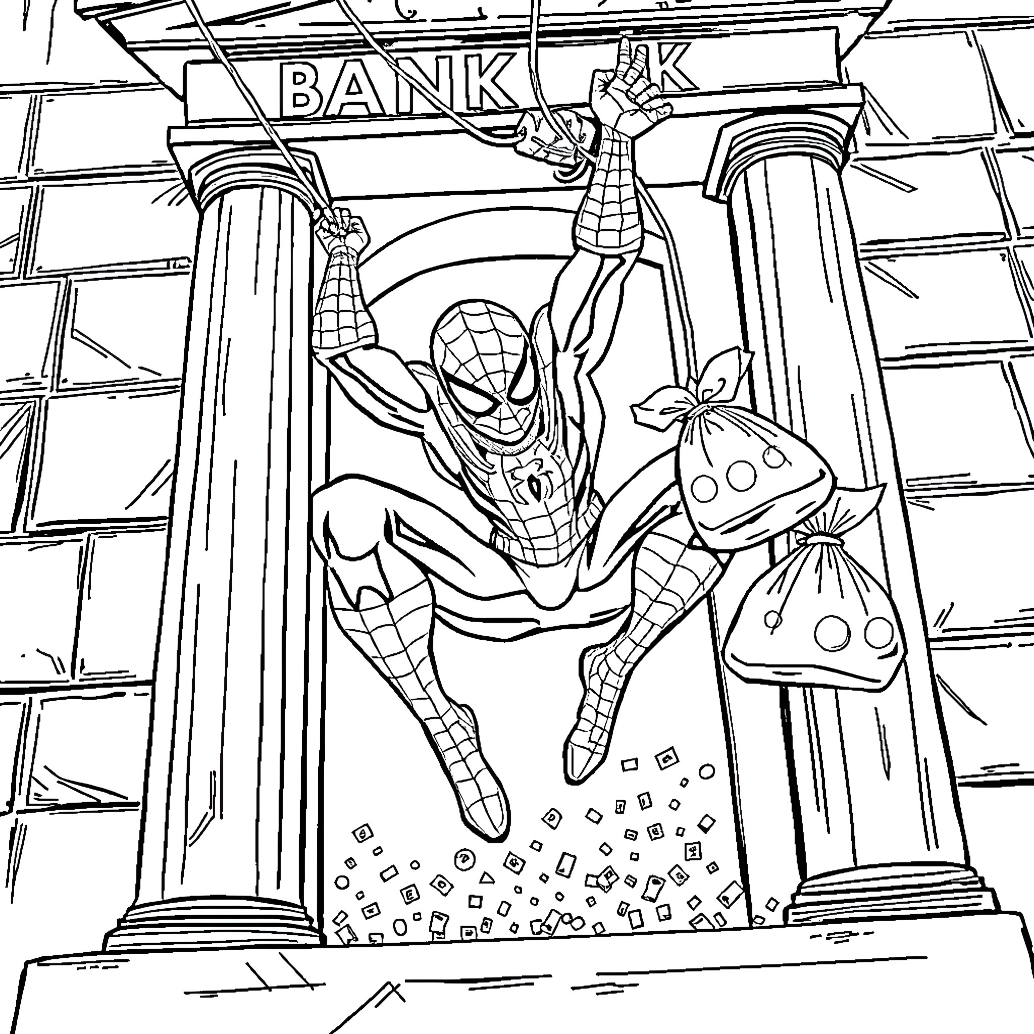 Spiderman's bank heist action Coloring Page (free black-and-white line drawing printable PDF for all, from beginners to advanced learners, including children, teens, adults, and seniors)