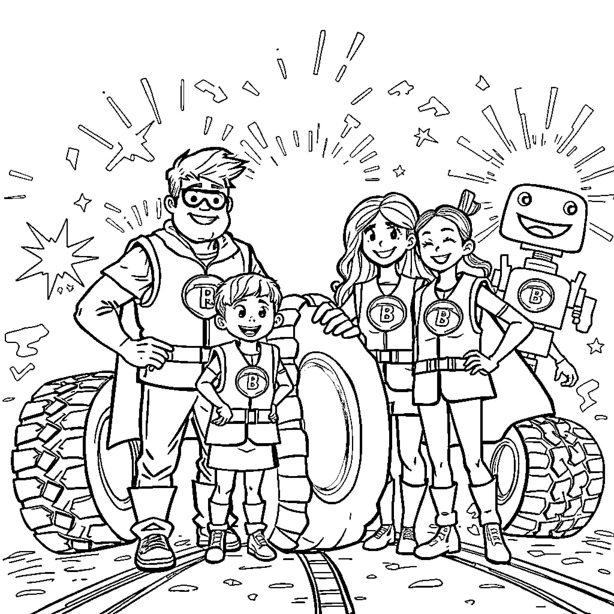 Superhero Family Adventure in Action Coloring Page (free black-and-white line drawing printable PDF for all, from beginners to advanced learners, including children, teens, adults, and seniors)