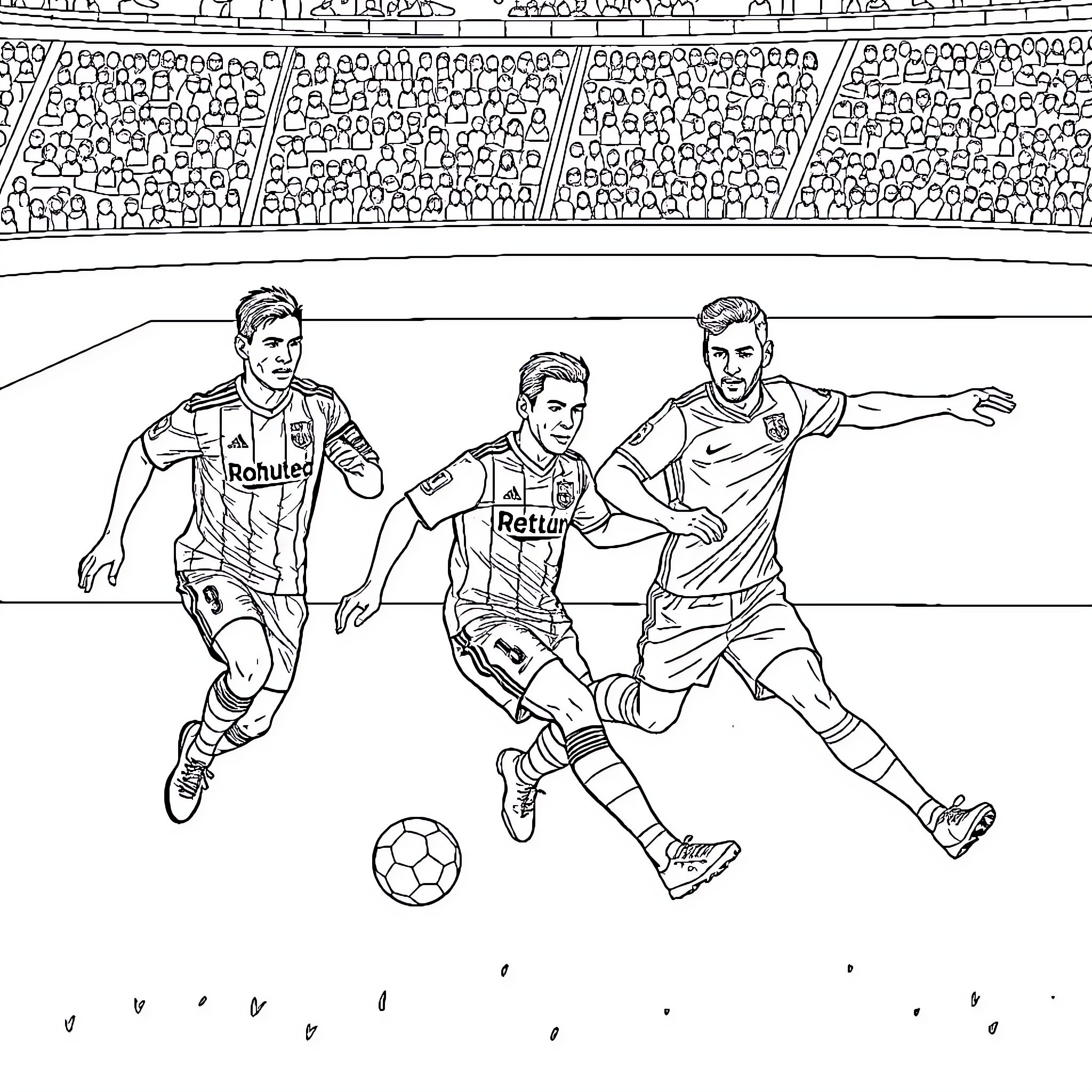 Football players in action on the field Coloring Page (free black-and-white line drawing printable PDF for all, from beginners to advanced learners, including children, teens, adults, and seniors)