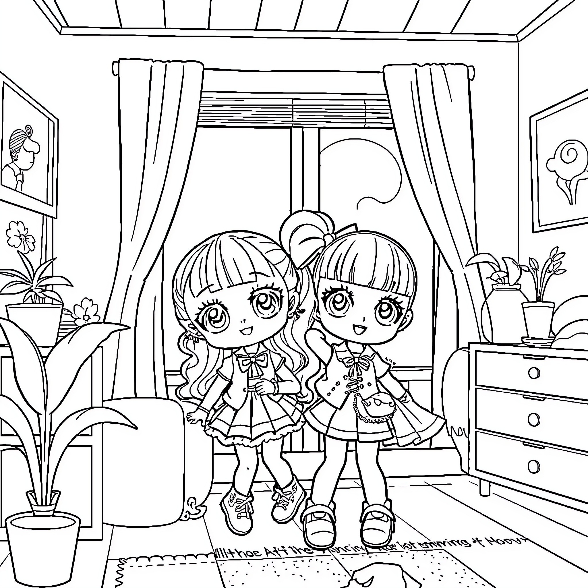 Anime Doll Friends Posing Happily in Room Coloring Page (free black-and-white line drawing printable PDF for all, from beginners to advanced learners, including children, teens, adults, and seniors)