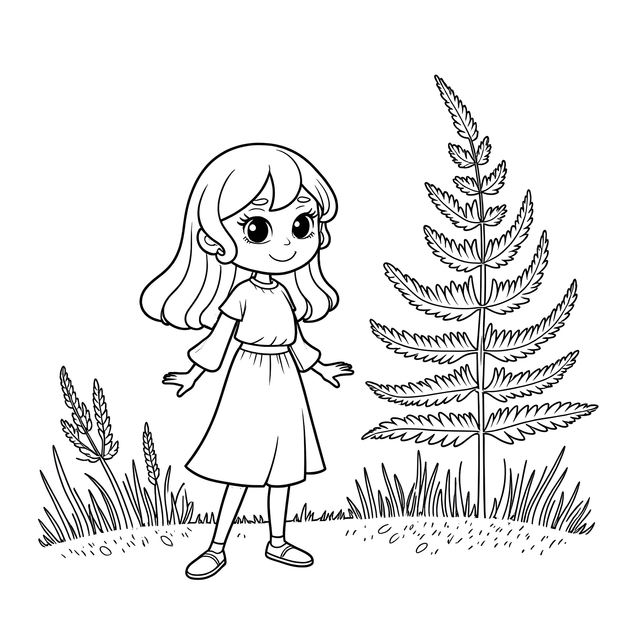 Frieren: Girl exploring nature's wonders Coloring Page (free black-and-white line drawing printable PDF for all, from beginners to advanced learners, including children, teens, adults, and seniors)