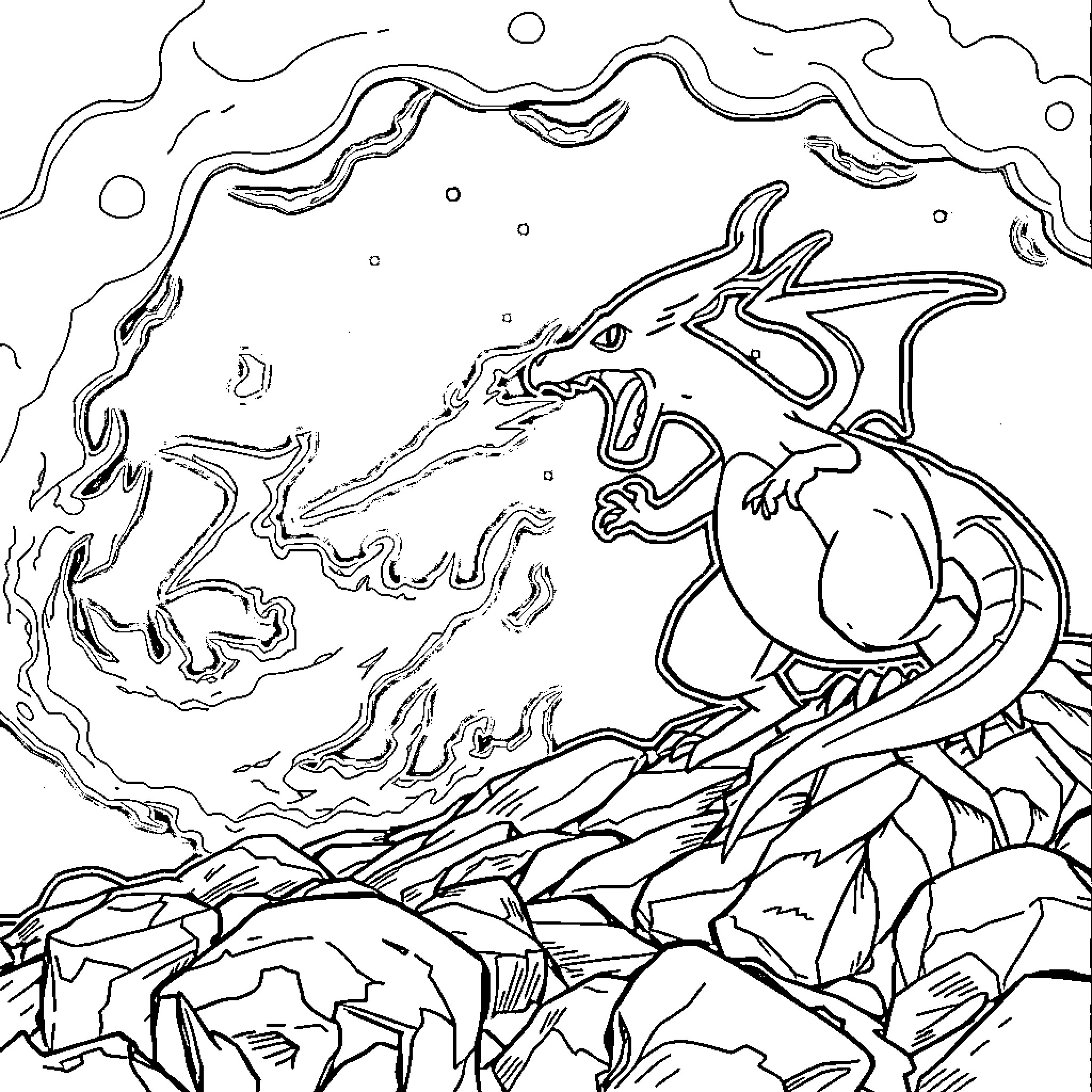 Charizard unleashing powerful fire breath in the wild Coloring Page (free black-and-white line drawing printable PDF for all, from beginners to advanced learners, including children, teens, adults, and seniors)