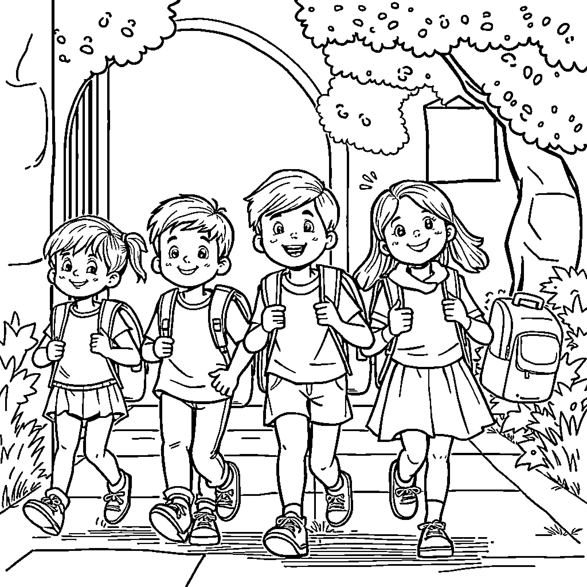 Back to School Adventurous Students Coloring Page (free black-and-white line drawing printable PDF for all, from beginners to advanced learners, including children, teens, adults, and seniors)