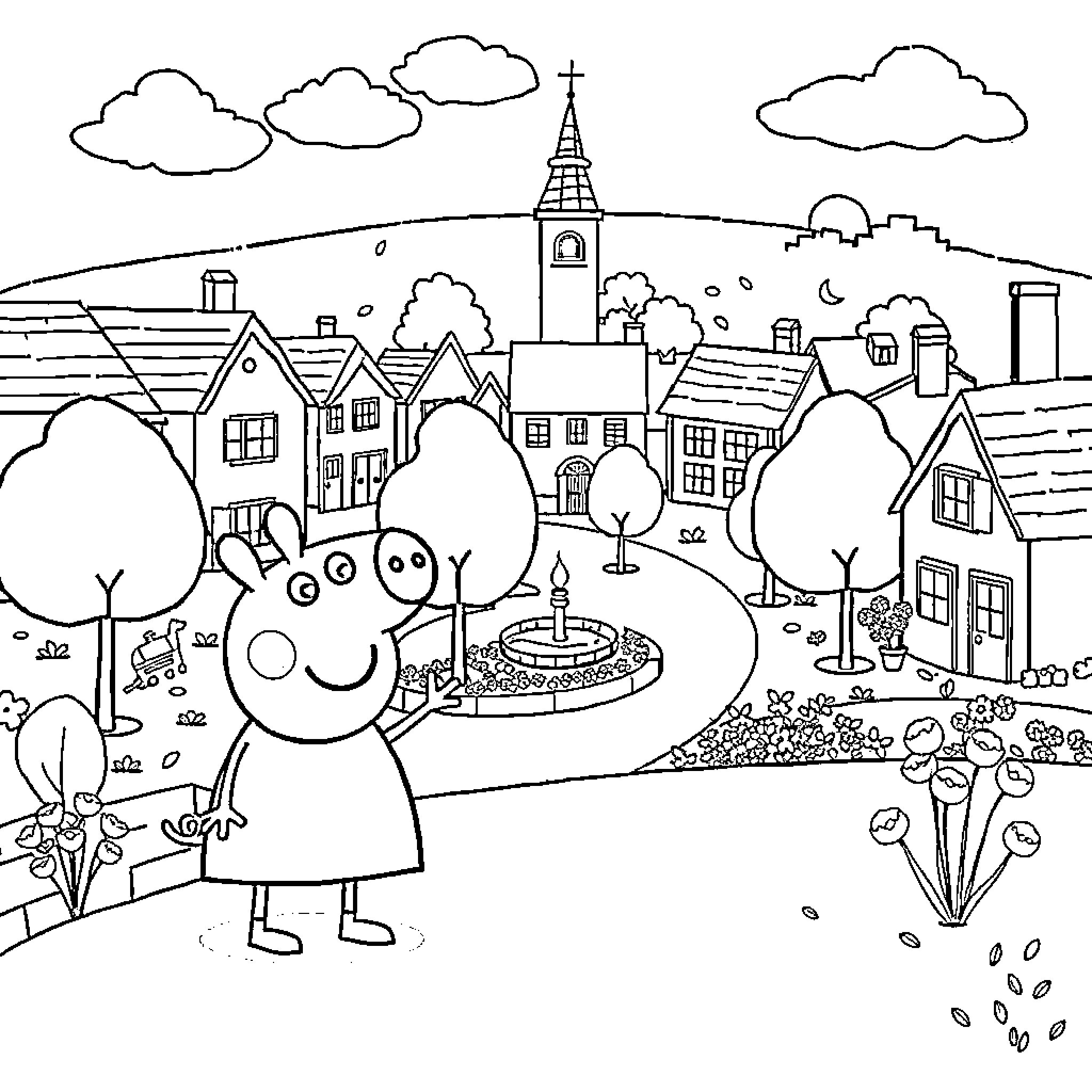 Peppa Pig enjoys a lovely day in town Coloring Page (free black-and-white line drawing printable PDF for all, from beginners to advanced learners, including children, teens, adults, and seniors)