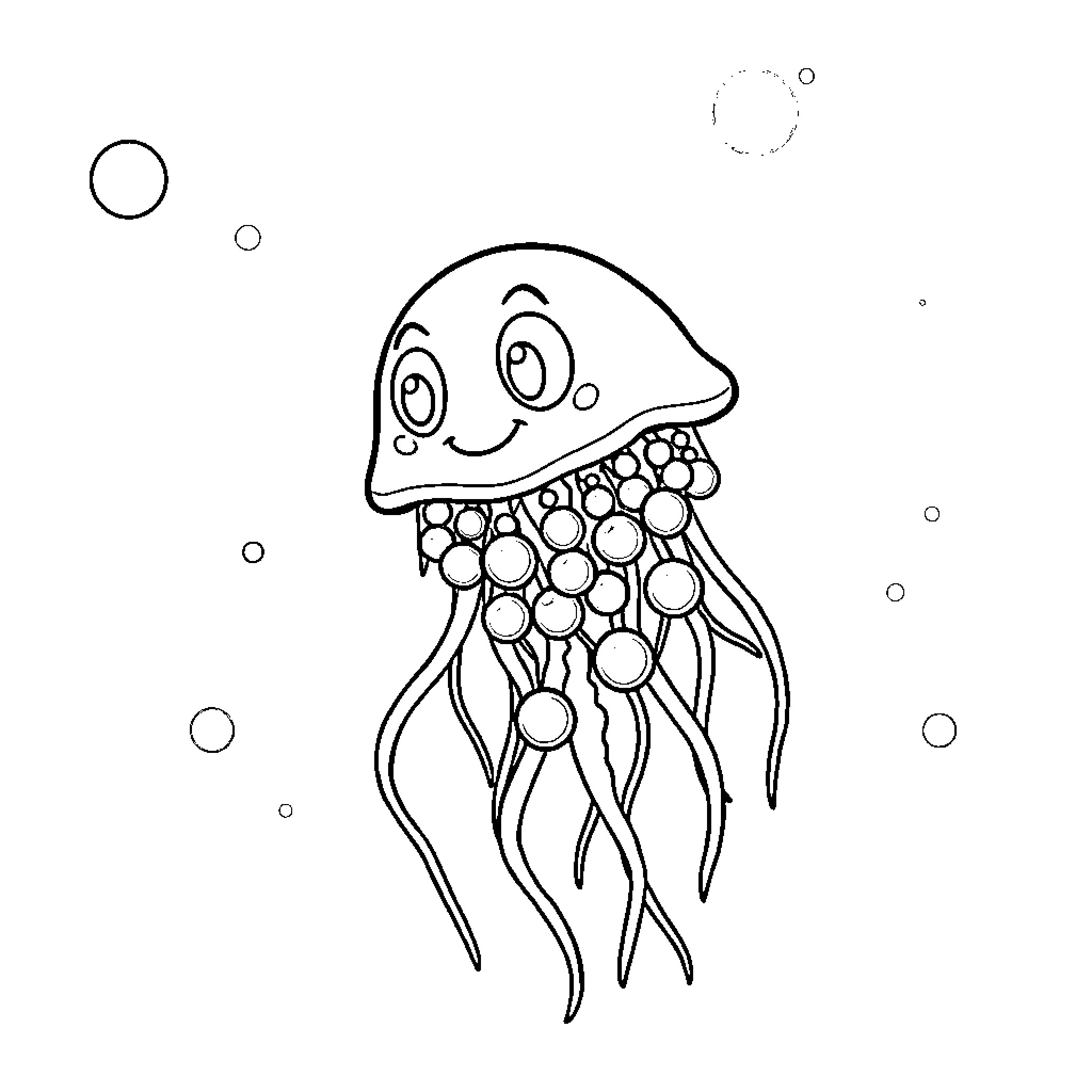 Jellyfish swimming playfully in the ocean Coloring Page (free black-and-white line drawing printable PDF for all, from beginners to advanced learners, including children, teens, adults, and seniors)