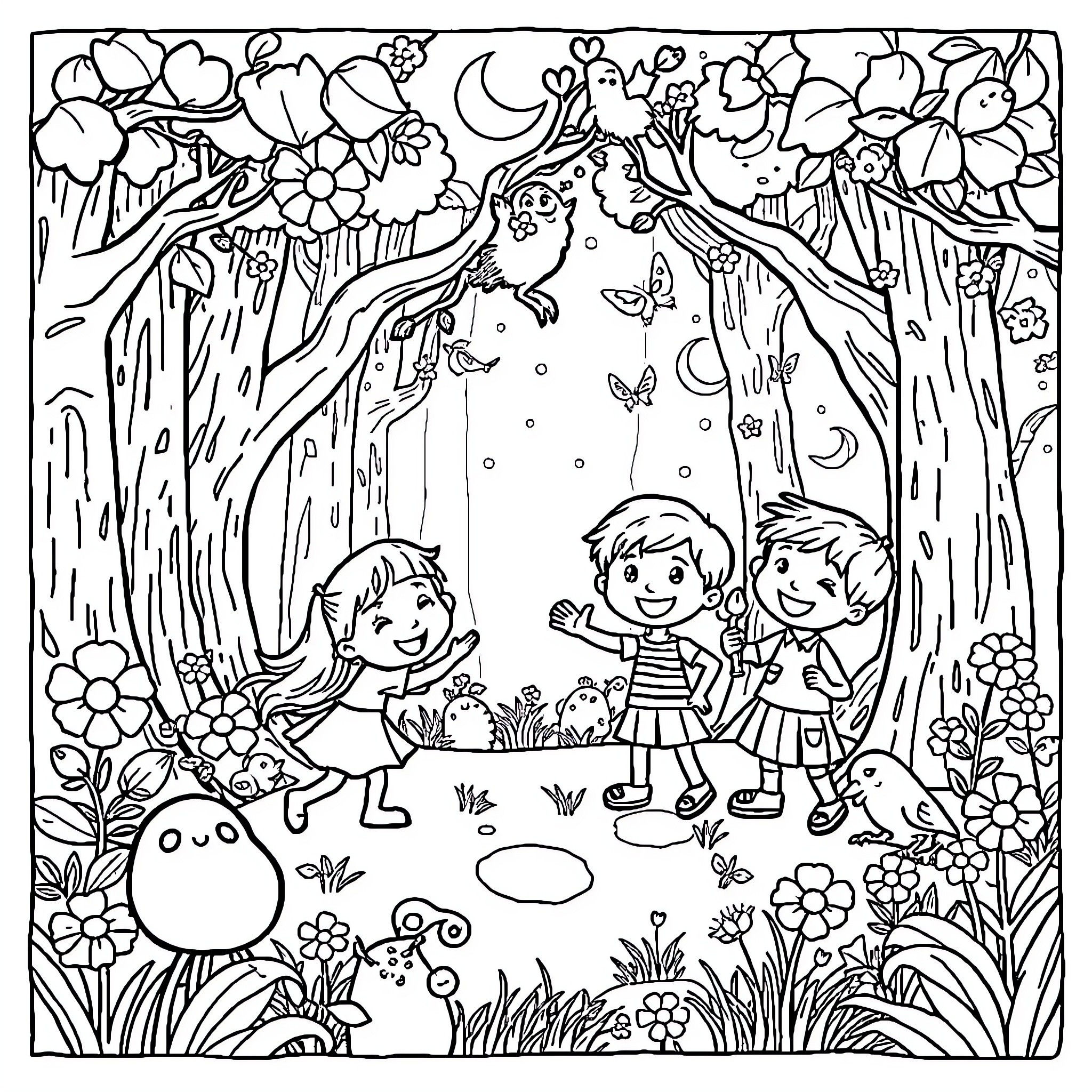Child's Imaginary Wonderland Adventure Coloring Page (free black-and-white line drawing printable PDF for all, from beginners to advanced learners, including children, teens, adults, and seniors)
