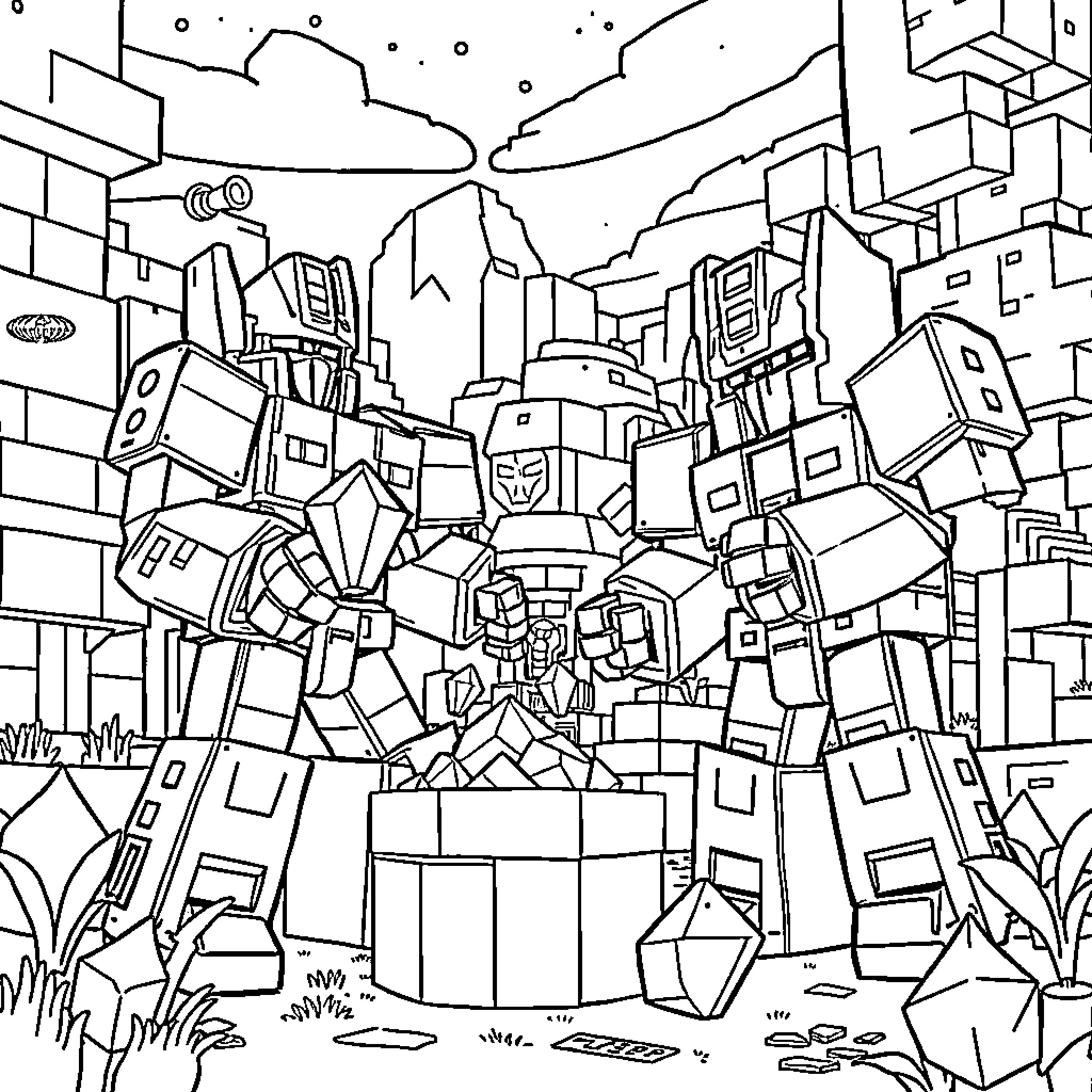 Transformer robots battling in a futuristic city Coloring Page (free black-and-white line drawing printable PDF for all, from beginners to advanced learners, including children, teens, adults, and seniors)