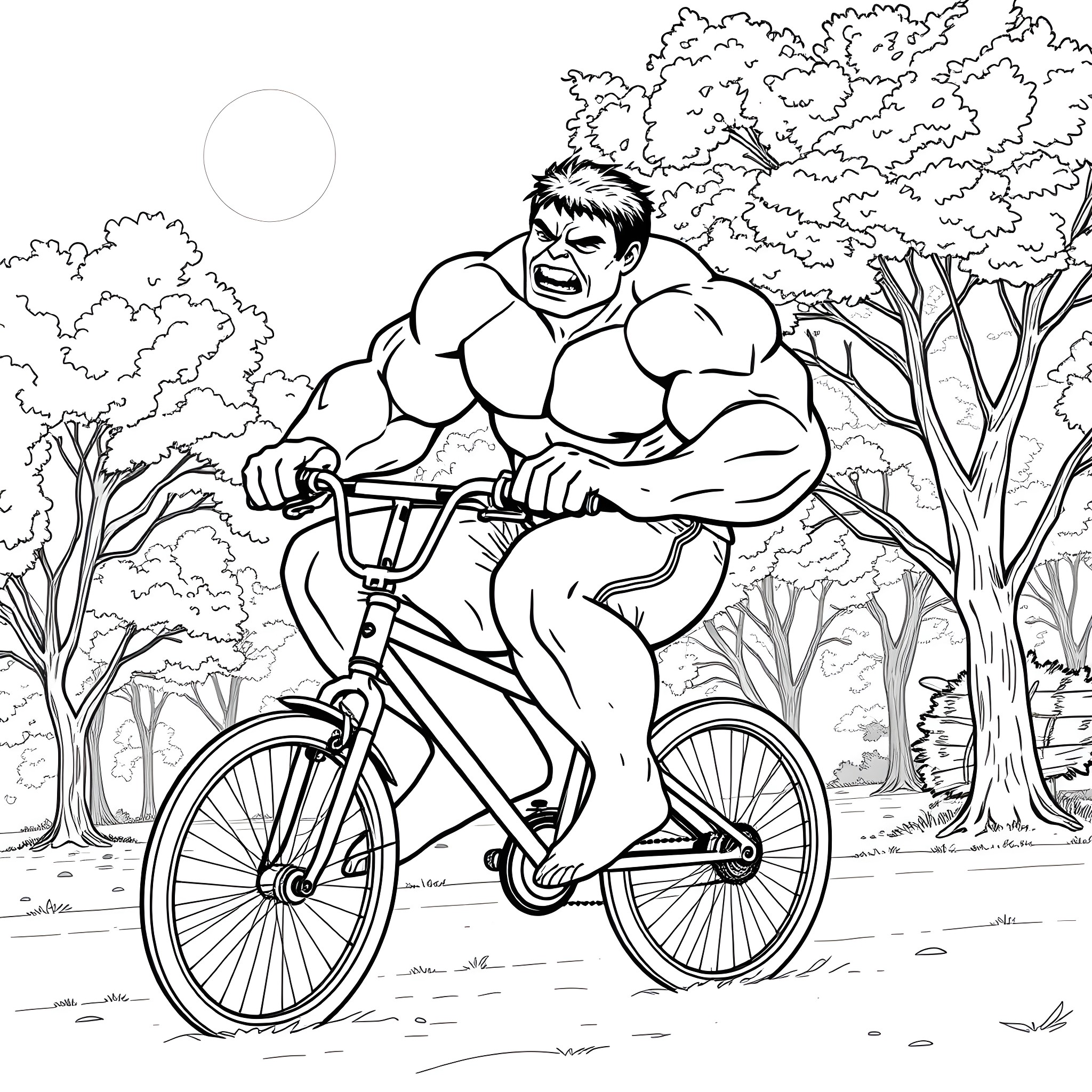 Hulk Cycling Enthusiastically in the Outdoors Coloring Page (free black-and-white line drawing printable PDF for all, from beginners to advanced learners, including children, teens, adults, and seniors)