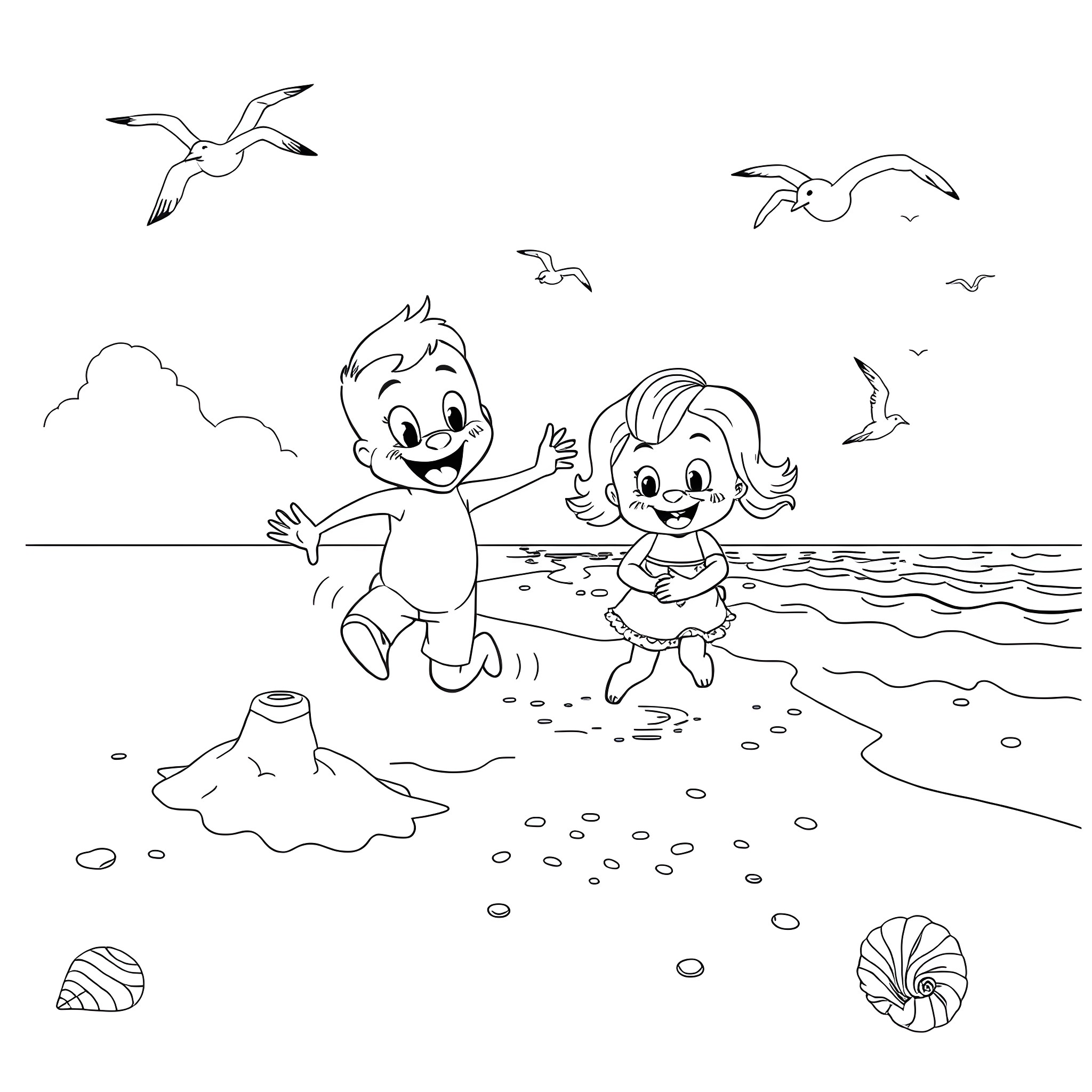 Bluey and friends playing on the beach Coloring Page (free black-and-white line drawing printable PDF for all, from beginners to advanced learners, including children, teens, adults, and seniors)