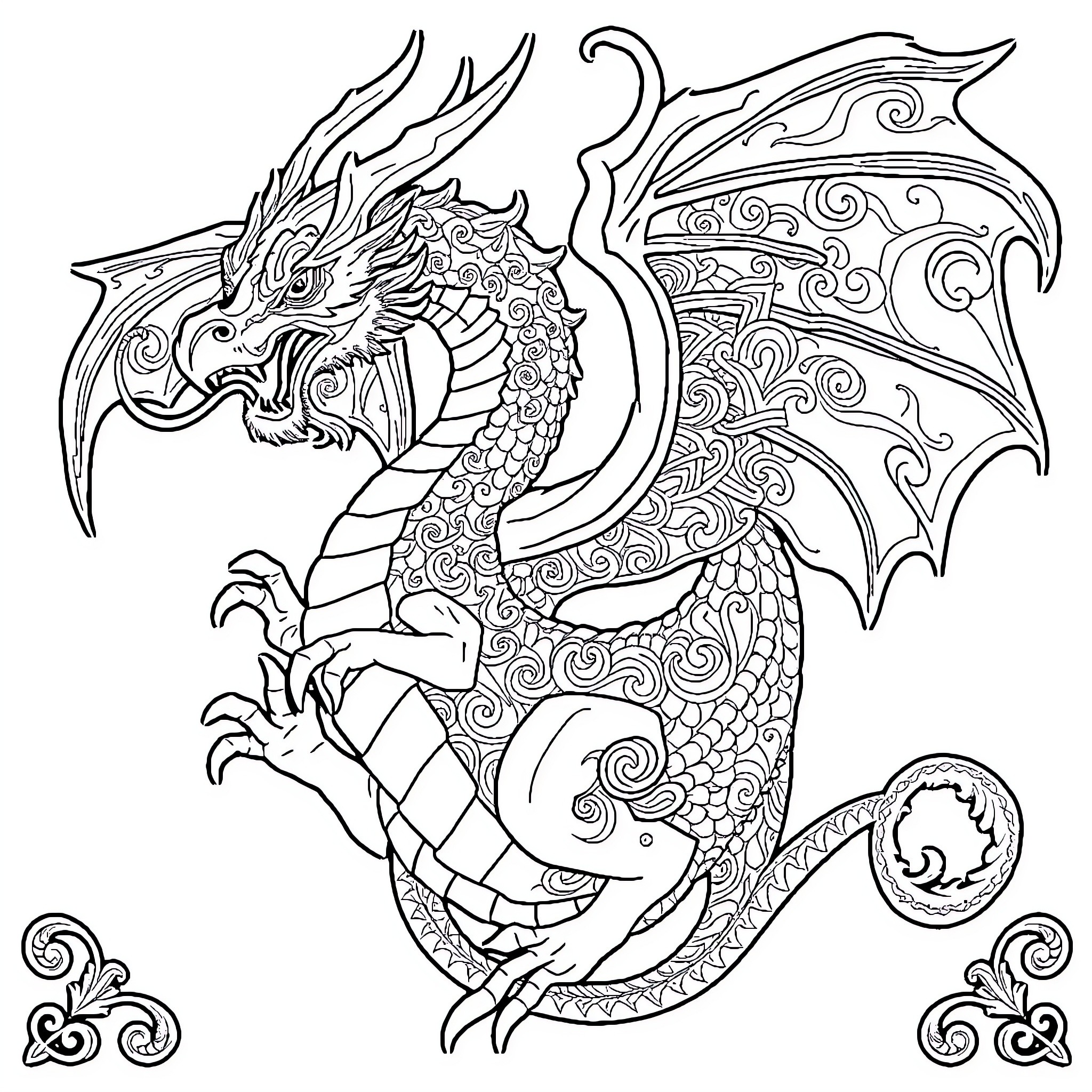 Dragon with intricate patterns and swirls Coloring Page (free black-and-white line drawing printable PDF for all, from beginners to advanced learners, including children, teens, adults, and seniors)