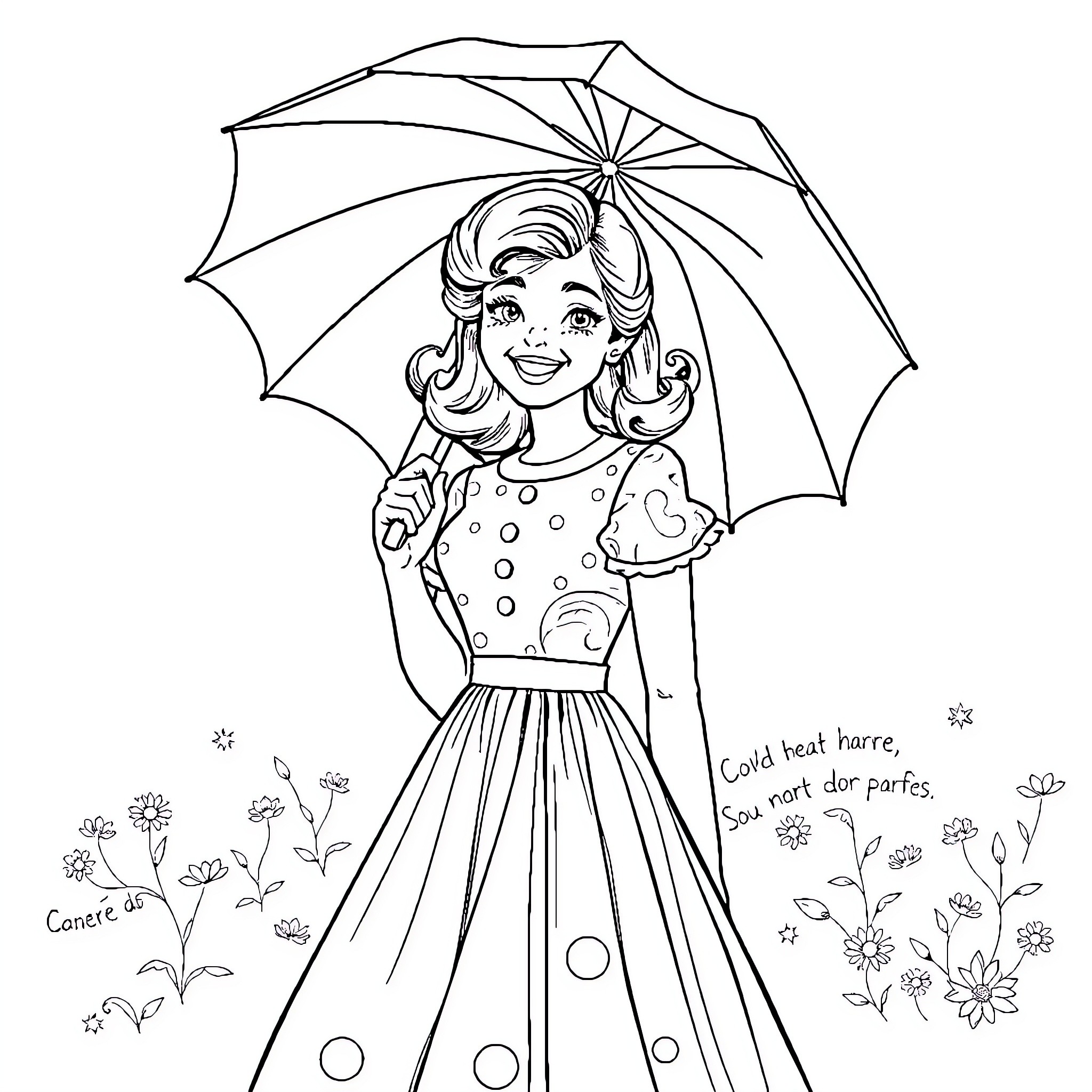 Girl enjoying a sunny day with an umbrella Coloring Page (free black-and-white line drawing printable PDF for all, from beginners to advanced learners, including children, teens, adults, and seniors)