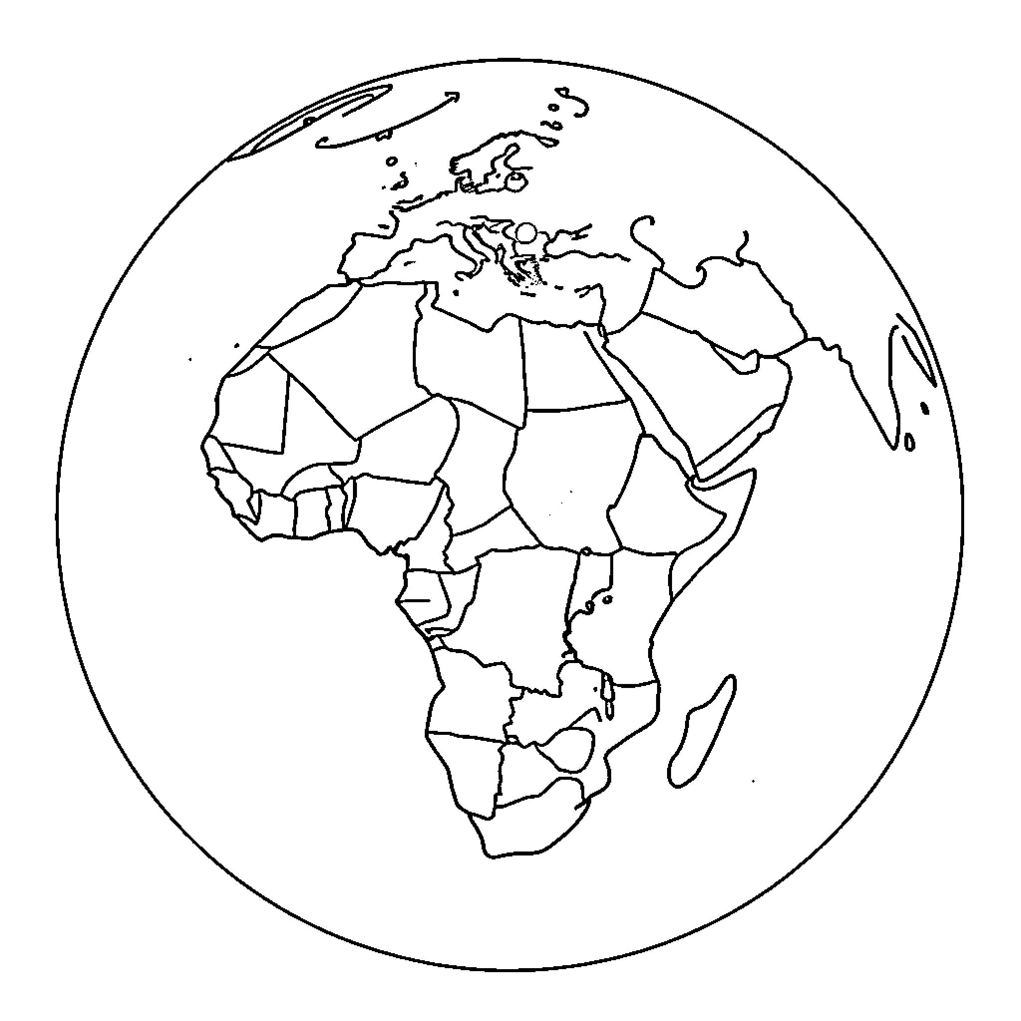Globe depicting the continents and countries Coloring Page (free black-and-white line drawing printable PDF for all, from beginners to advanced learners, including children, teens, adults, and seniors)