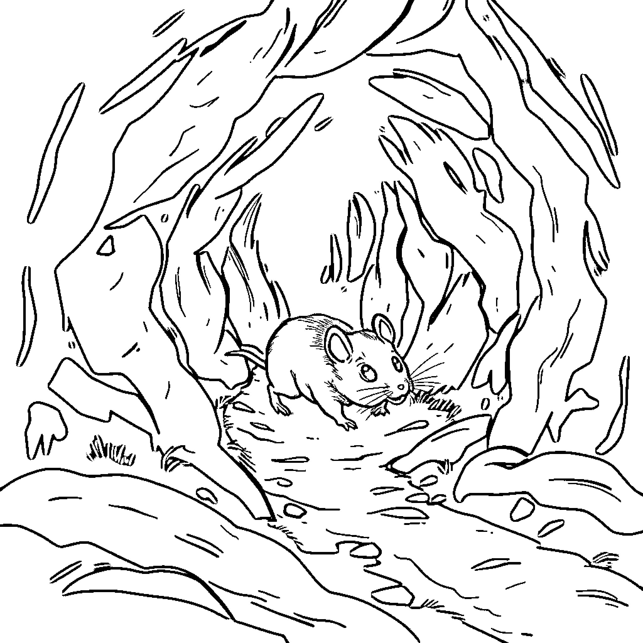 Mouse exploring the forest landscape Coloring Page (free black-and-white line drawing printable PDF for all, from beginners to advanced learners, including children, teens, adults, and seniors)