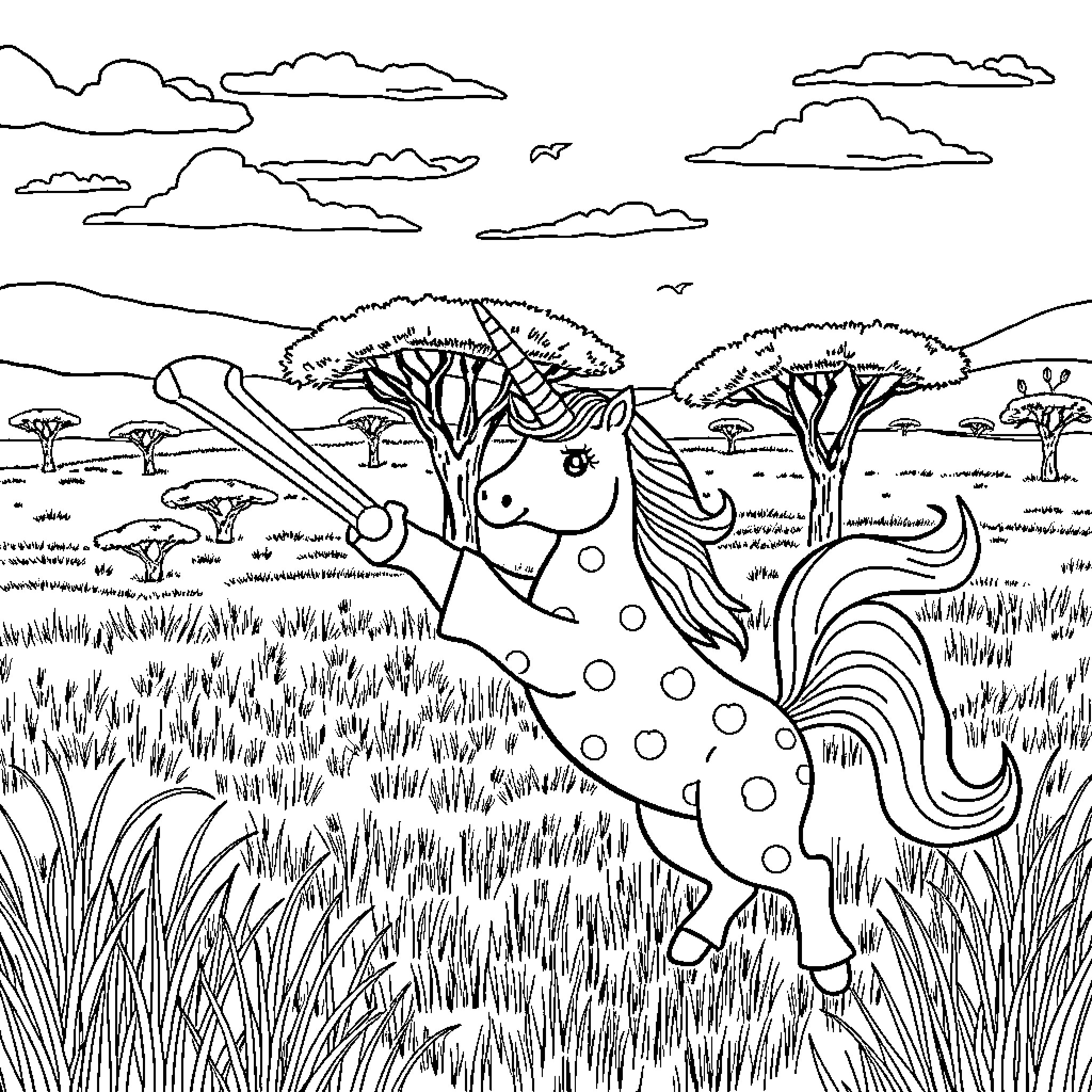 Unicorn galloping through the enchanted meadow Coloring Page (free black-and-white line drawing printable PDF for all, from beginners to advanced learners, including children, teens, adults, and seniors)