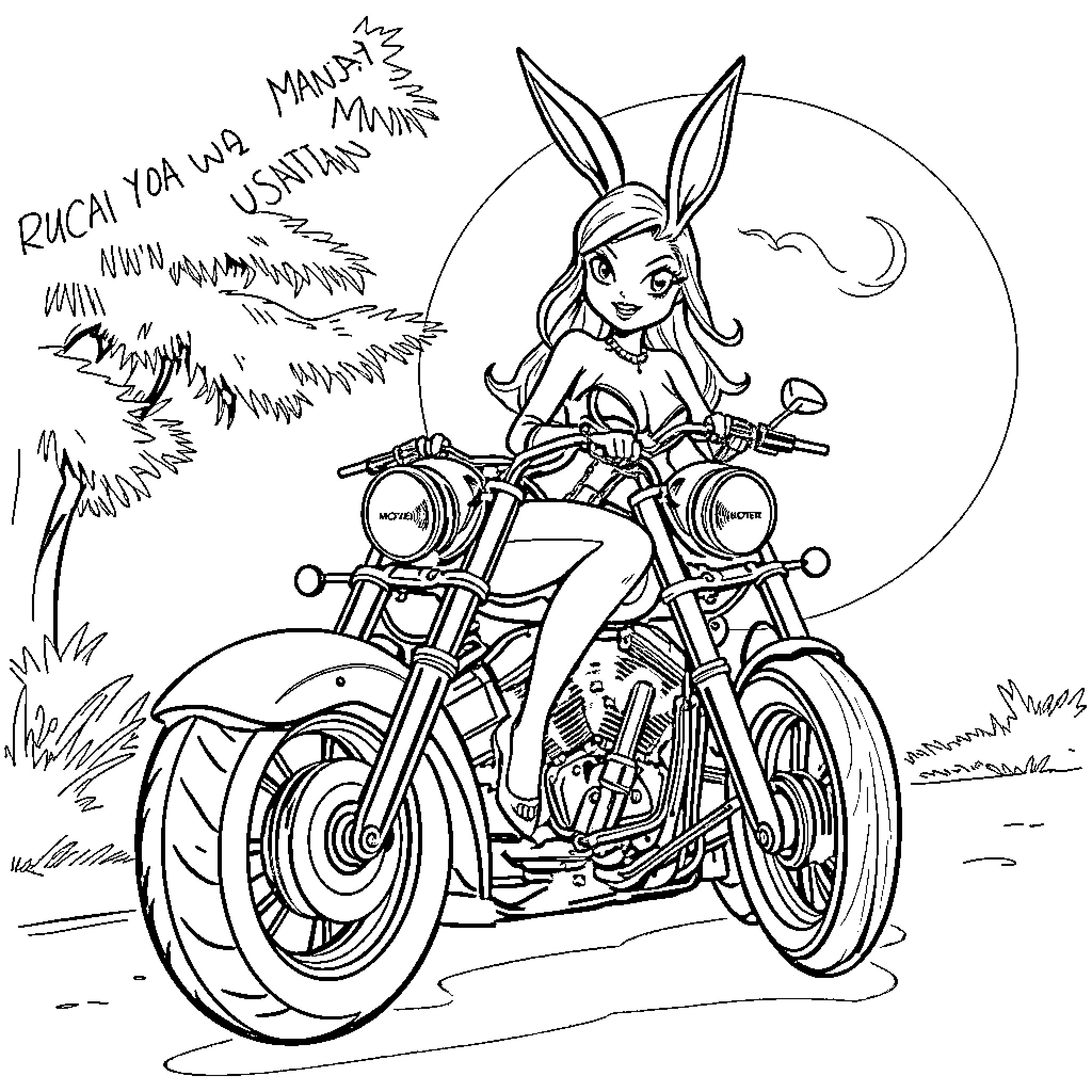 Lowrider Bunny Biker's Moonlit Adventure Coloring Page (free black-and-white line drawing printable PDF for all, from beginners to advanced learners, including children, teens, adults, and seniors)