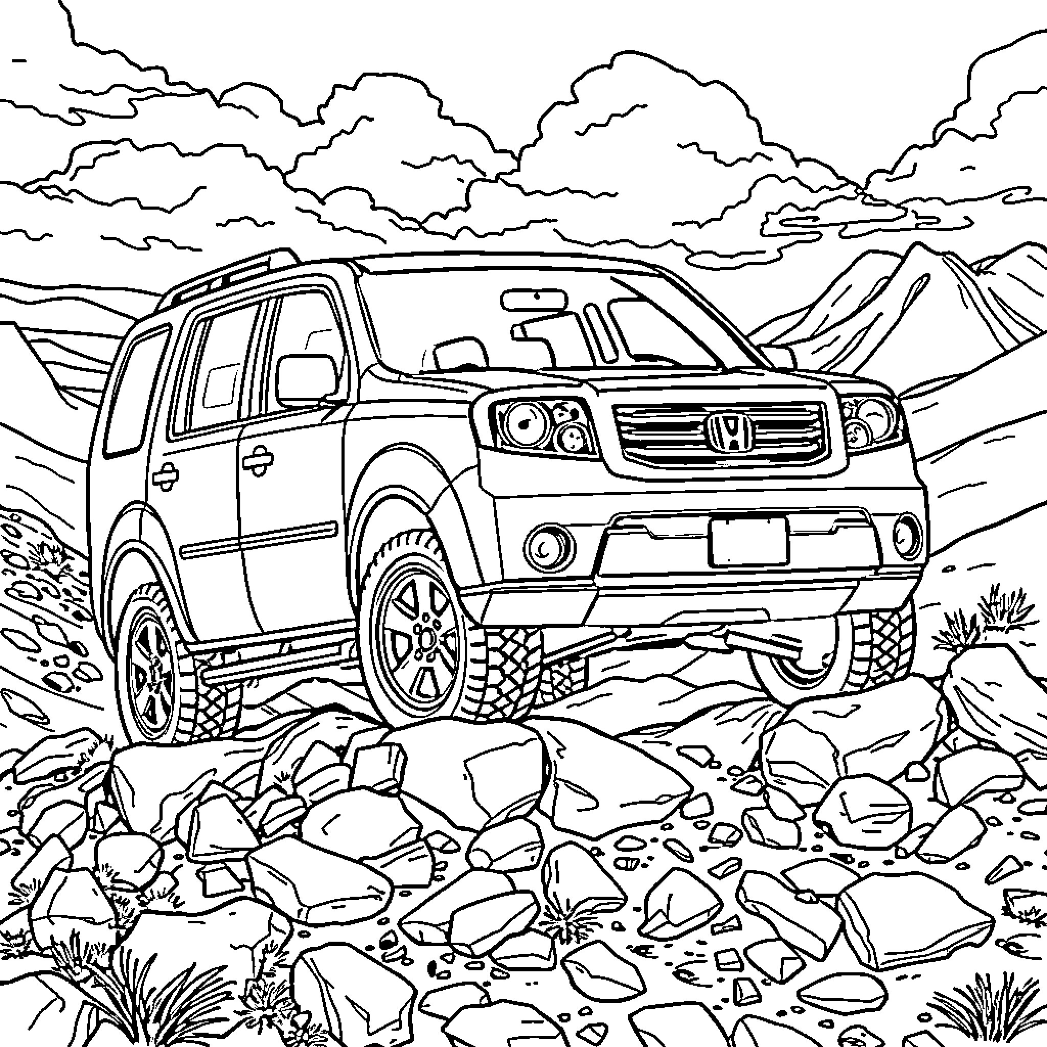 Honda Pilot Driving Through the Rugged Terrain Coloring Page (free black-and-white line drawing printable PDF for all, from beginners to advanced learners, including children, teens, adults, and seniors)