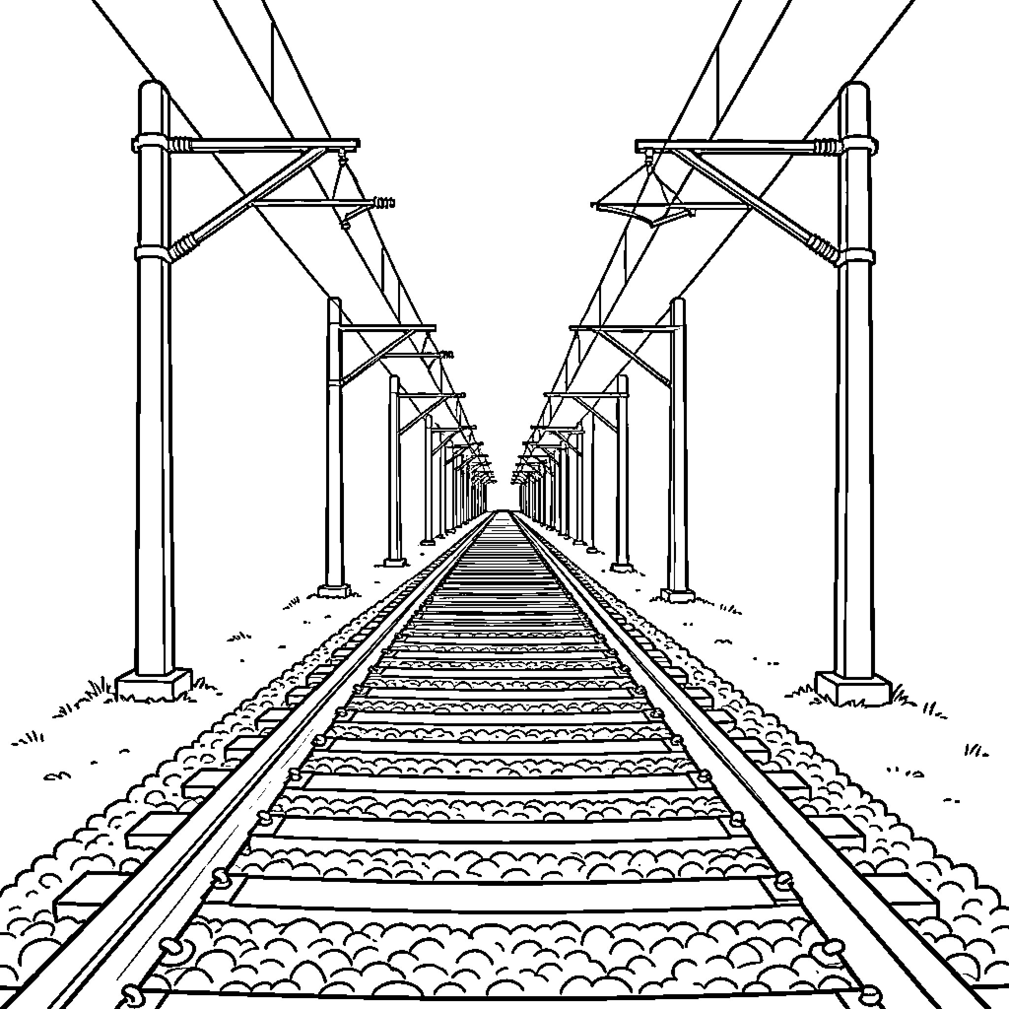 Railroad tracks stretching toward the distant horizon Coloring Page (free black-and-white line drawing printable PDF for all, from beginners to advanced learners, including children, teens, adults, and seniors)