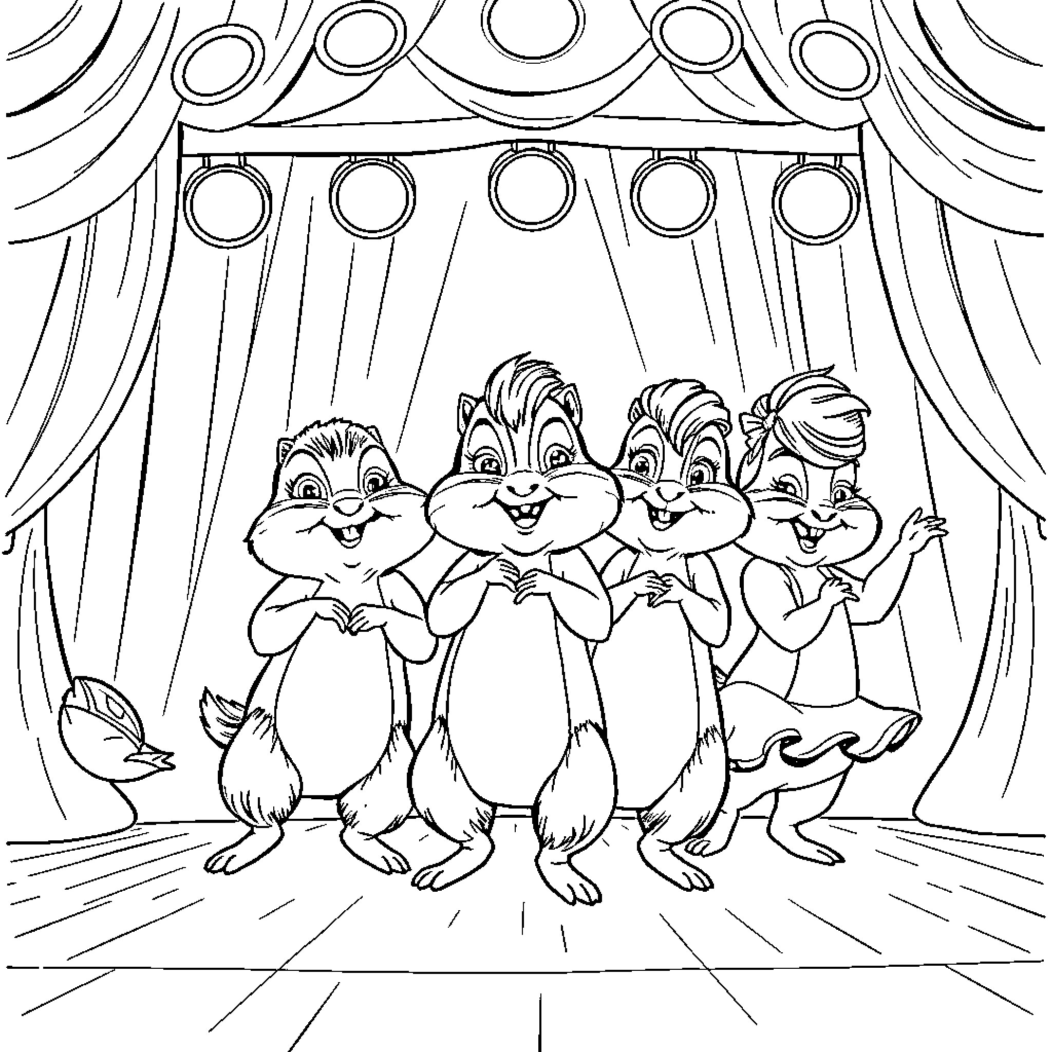 Chipmunks performing on stage Coloring Page (free black-and-white line drawing printable PDF for all, from beginners to advanced learners, including children, teens, adults, and seniors)