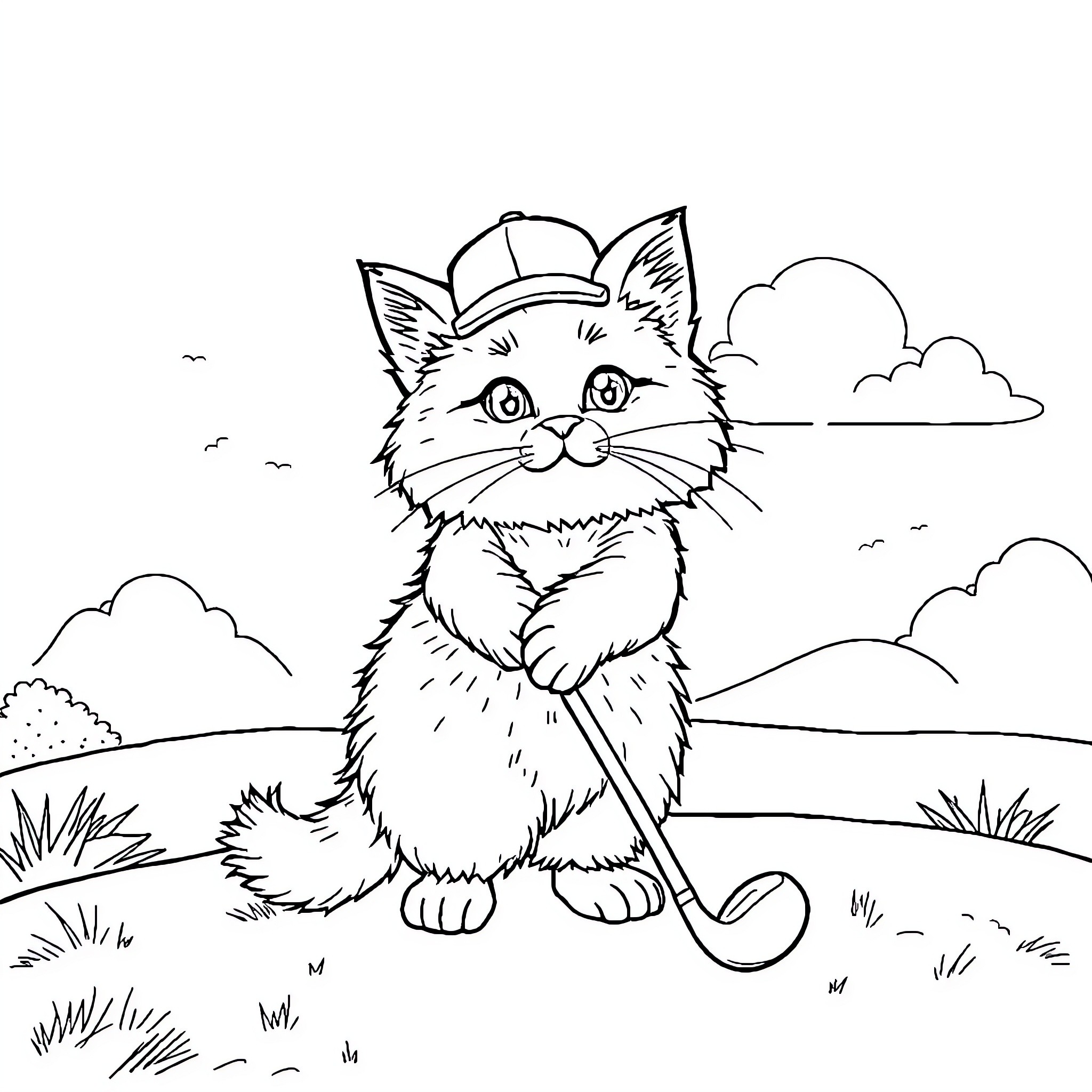 Cat wearing a cap in a scenic landscape Coloring Page (free black-and-white line drawing printable PDF for all, from beginners to advanced learners, including children, teens, adults, and seniors)