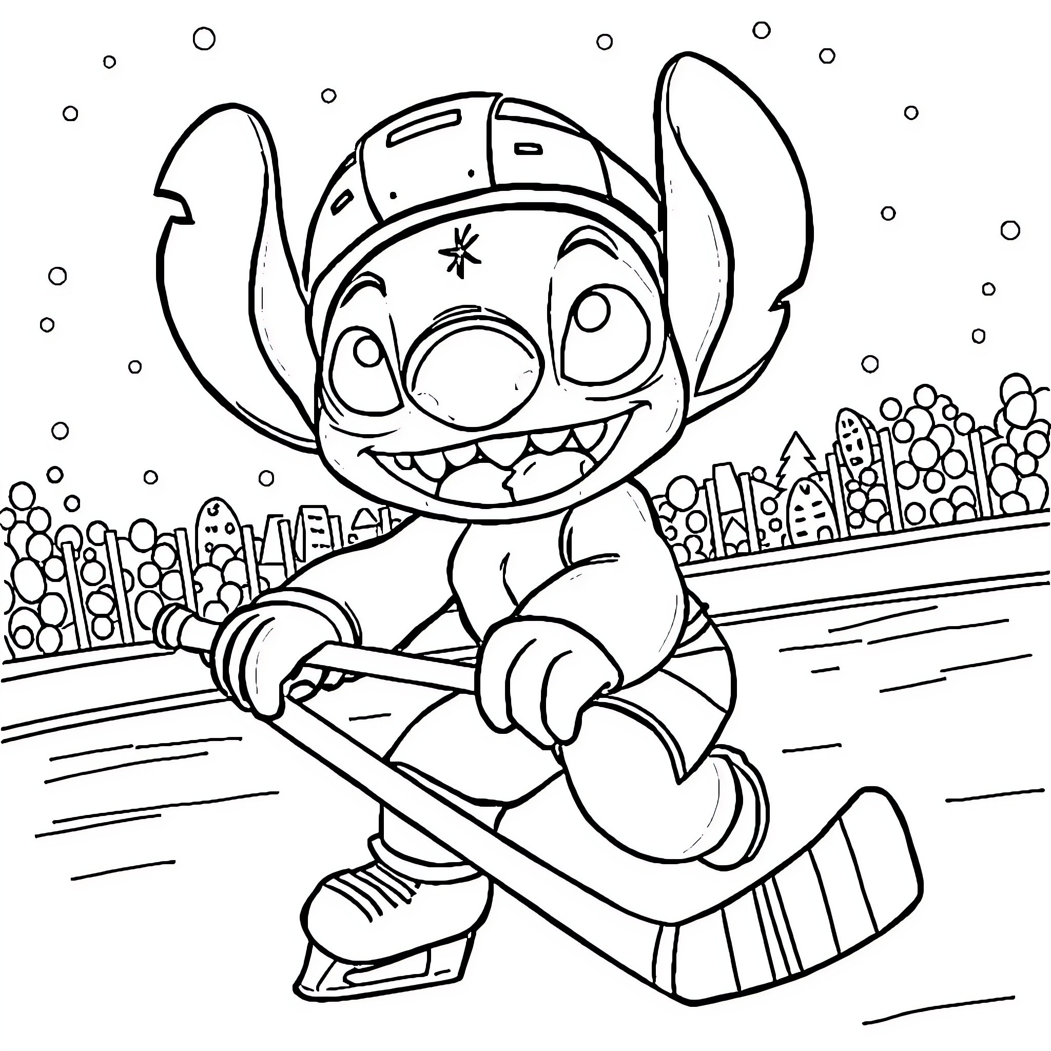 Stitch enjoying a winter skating adventure Coloring Page (free black-and-white line drawing printable PDF for all, from beginners to advanced learners, including children, teens, adults, and seniors)