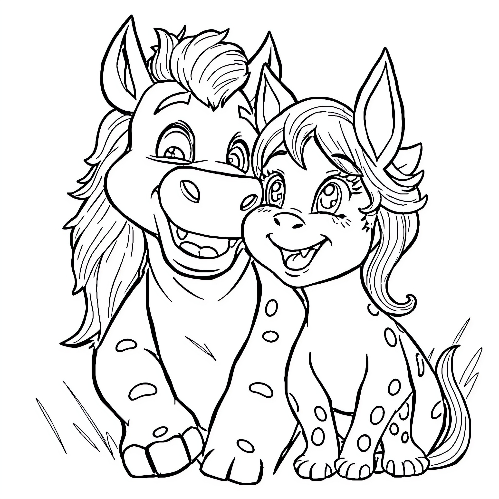 Gangar Ponies Playing and Smiling Coloring Page (free black-and-white line drawing printable PDF for all, from beginners to advanced learners, including children, teens, adults, and seniors)