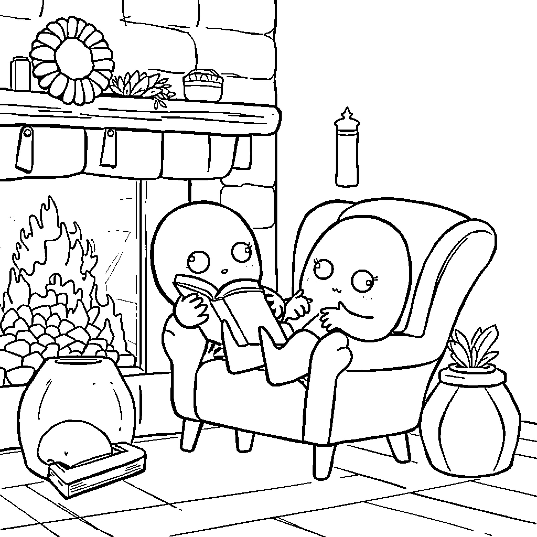 Kawaii Ghost Friends Relaxing by the Fireplace Coloring Page (free black-and-white line drawing printable PDF for all, from beginners to advanced learners, including children, teens, adults, and seniors)