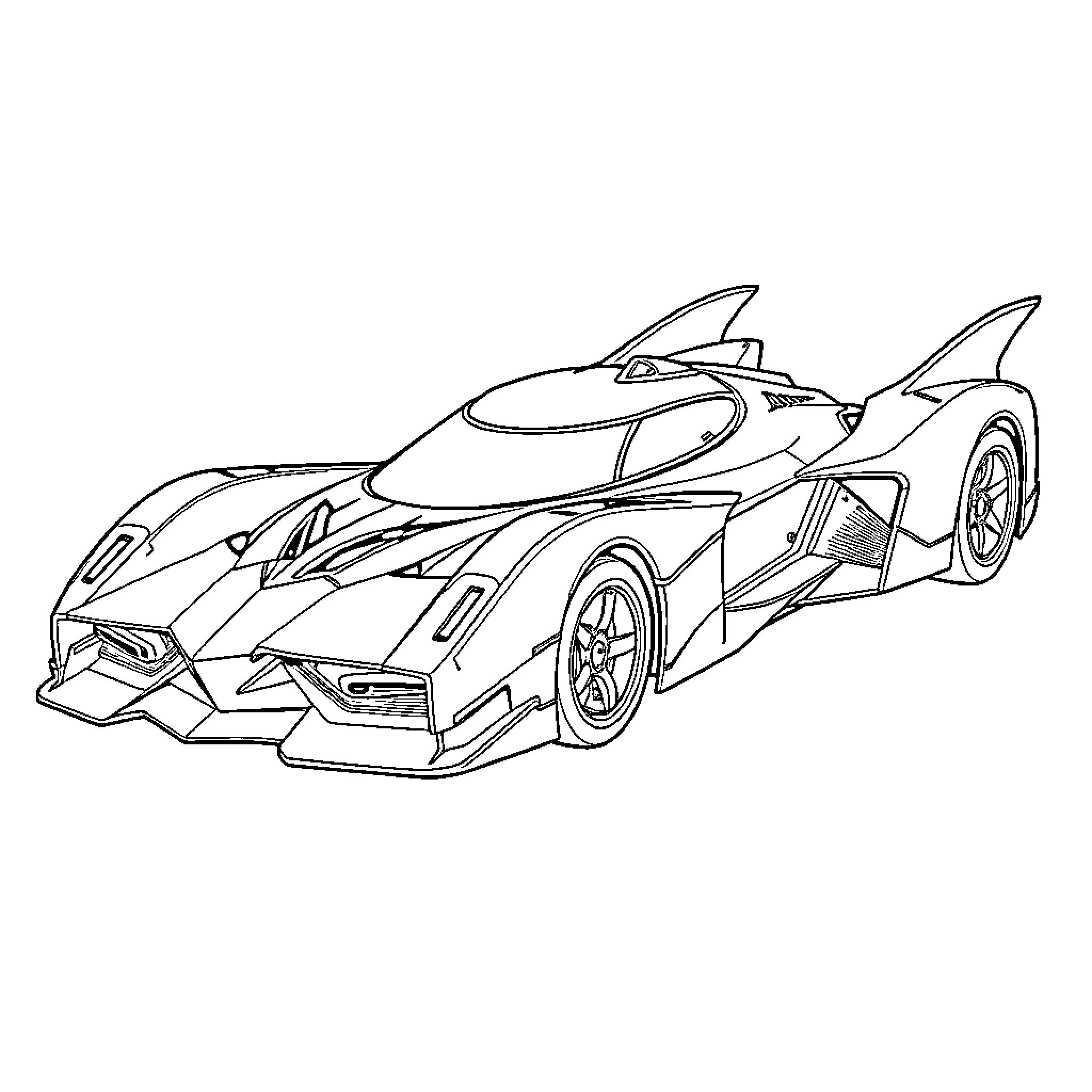 Batmobile racing down the futuristic highway Coloring Page (free black-and-white line drawing printable PDF for all, from beginners to advanced learners, including children, teens, adults, and seniors)