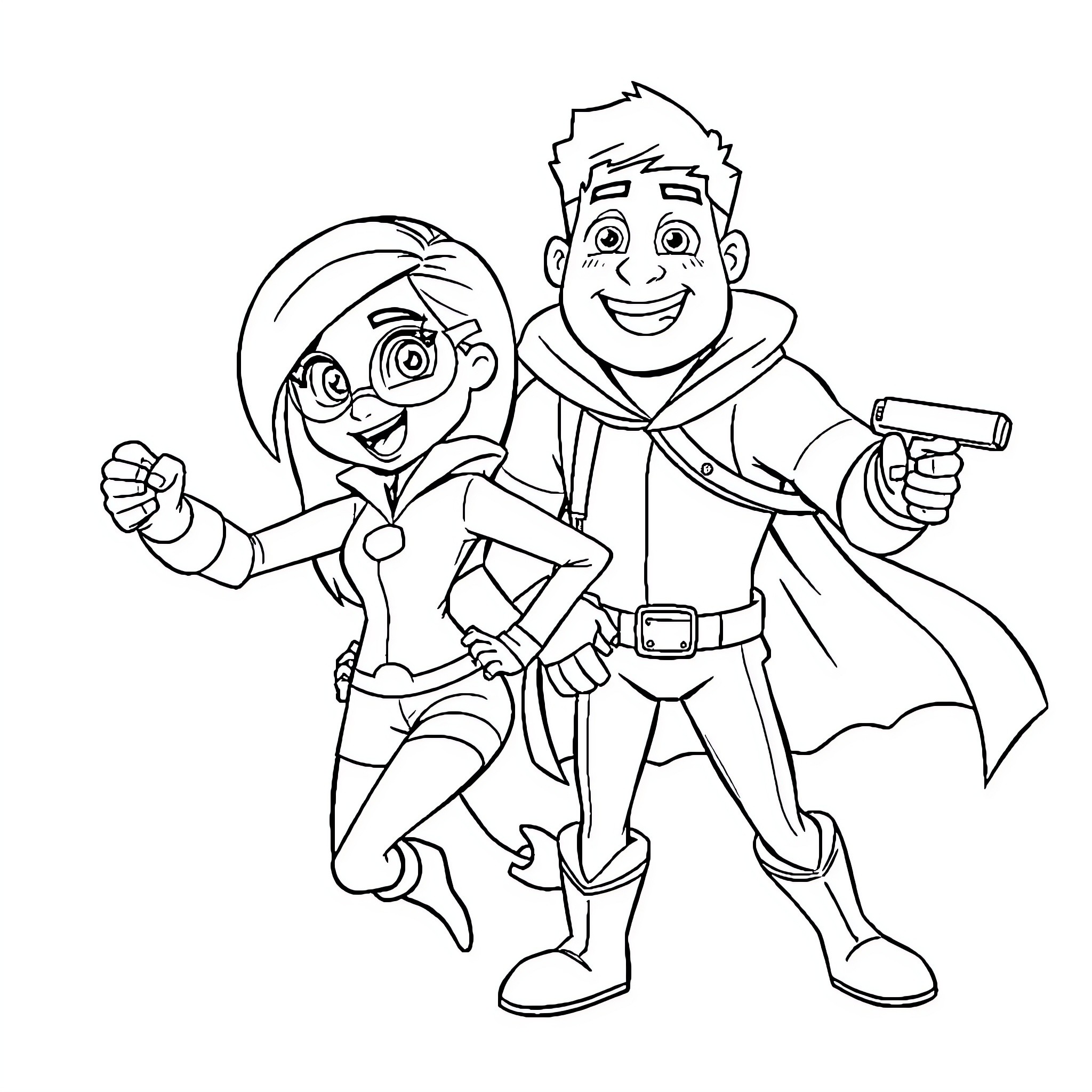Kim Possible and Ron Stoppable in Action Coloring Page (free black-and-white line drawing printable PDF for all, from beginners to advanced learners, including children, teens, adults, and seniors)
