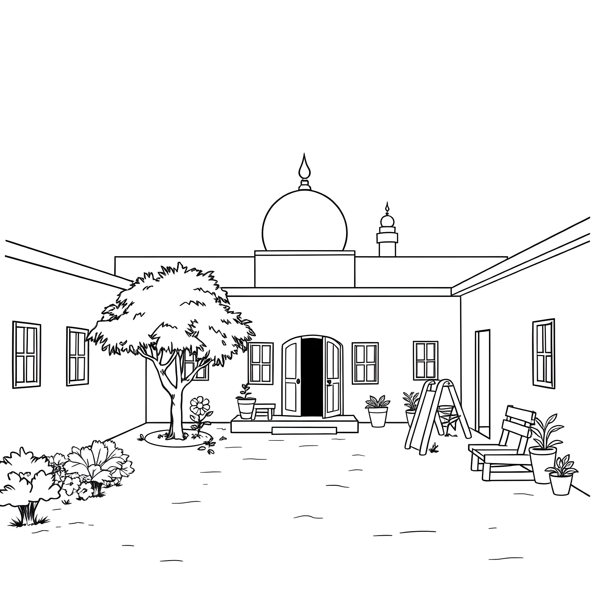 Orphanage with welcoming courtyard and architectural details Coloring Page (free black-and-white line drawing printable PDF for all, from beginners to advanced learners, including children, teens, adults, and seniors)